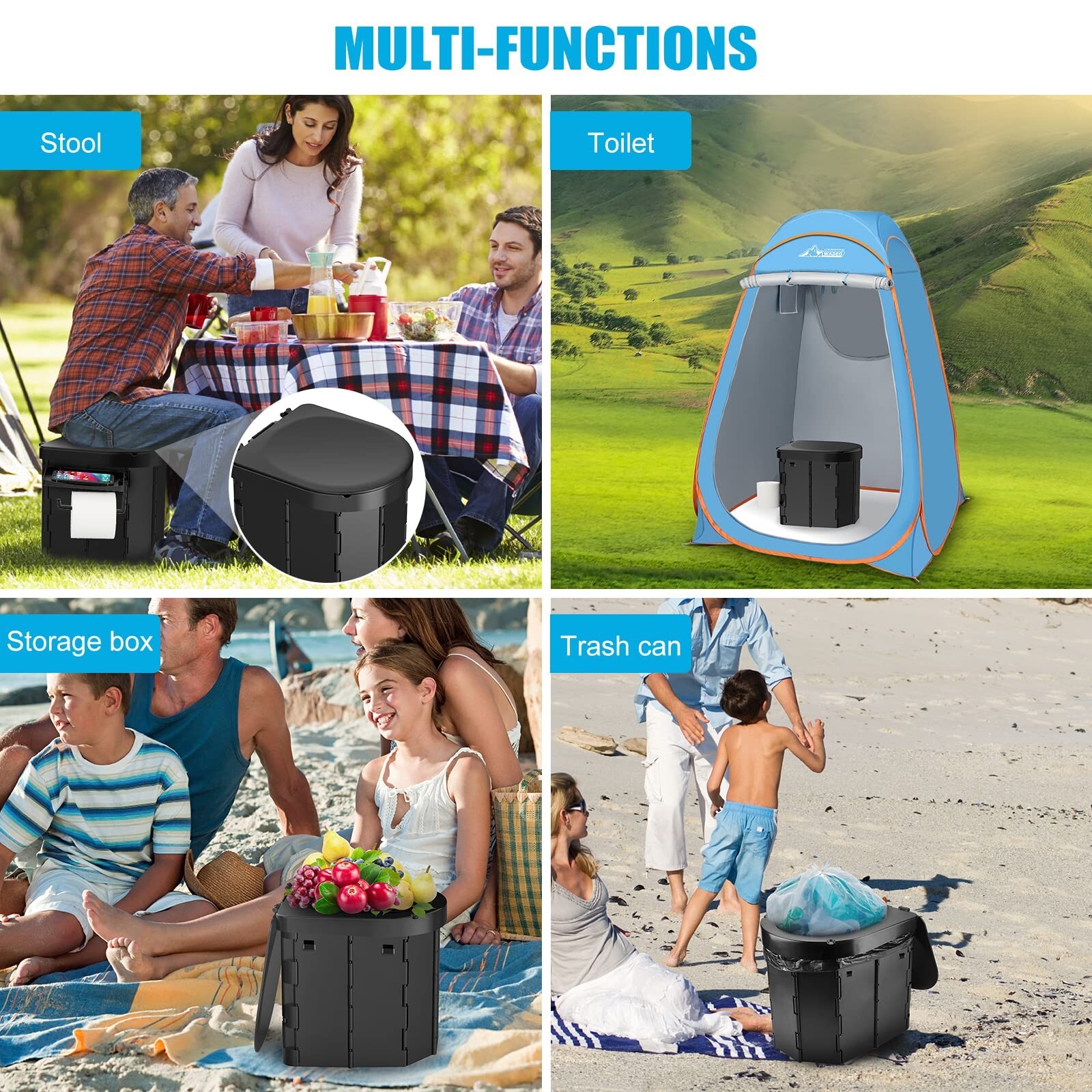 US Portable Camping Toilet with Detachable Phone Shelf and Toilet Paper Holder