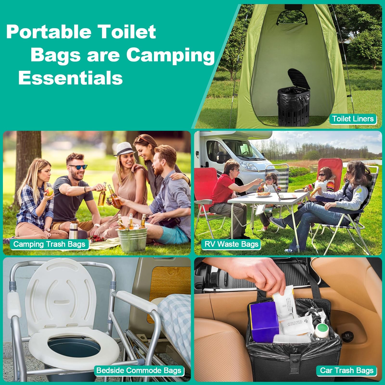 60 Portable Toilet Bags with Poo Gel Set, 8 Gallon Camping Toilet Bags with A…