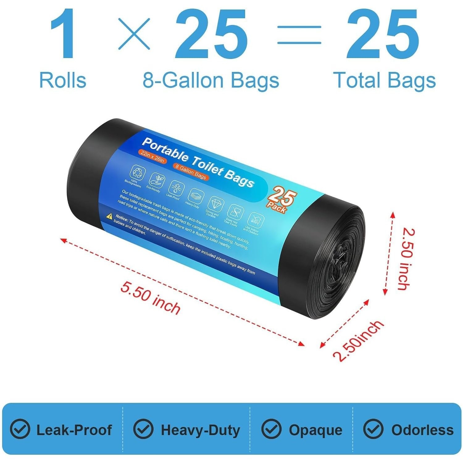 25 Biodegradable Camping Toilet Bags for 5 Gallon Bucket Portable Waste