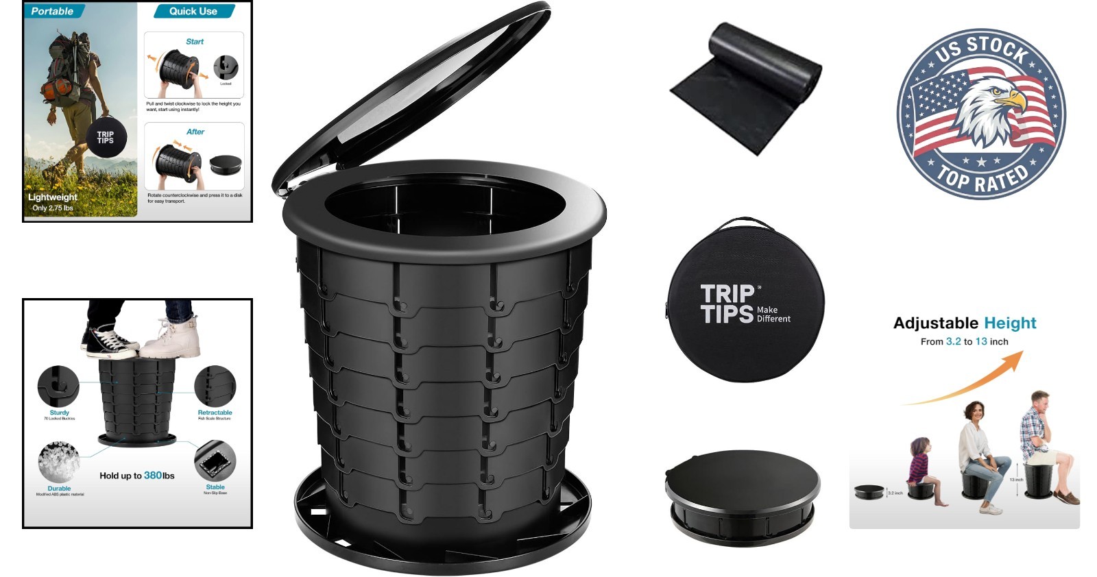 Adjustable Height Portable Toilet for Camping & Travel – Lightweight & Foldable