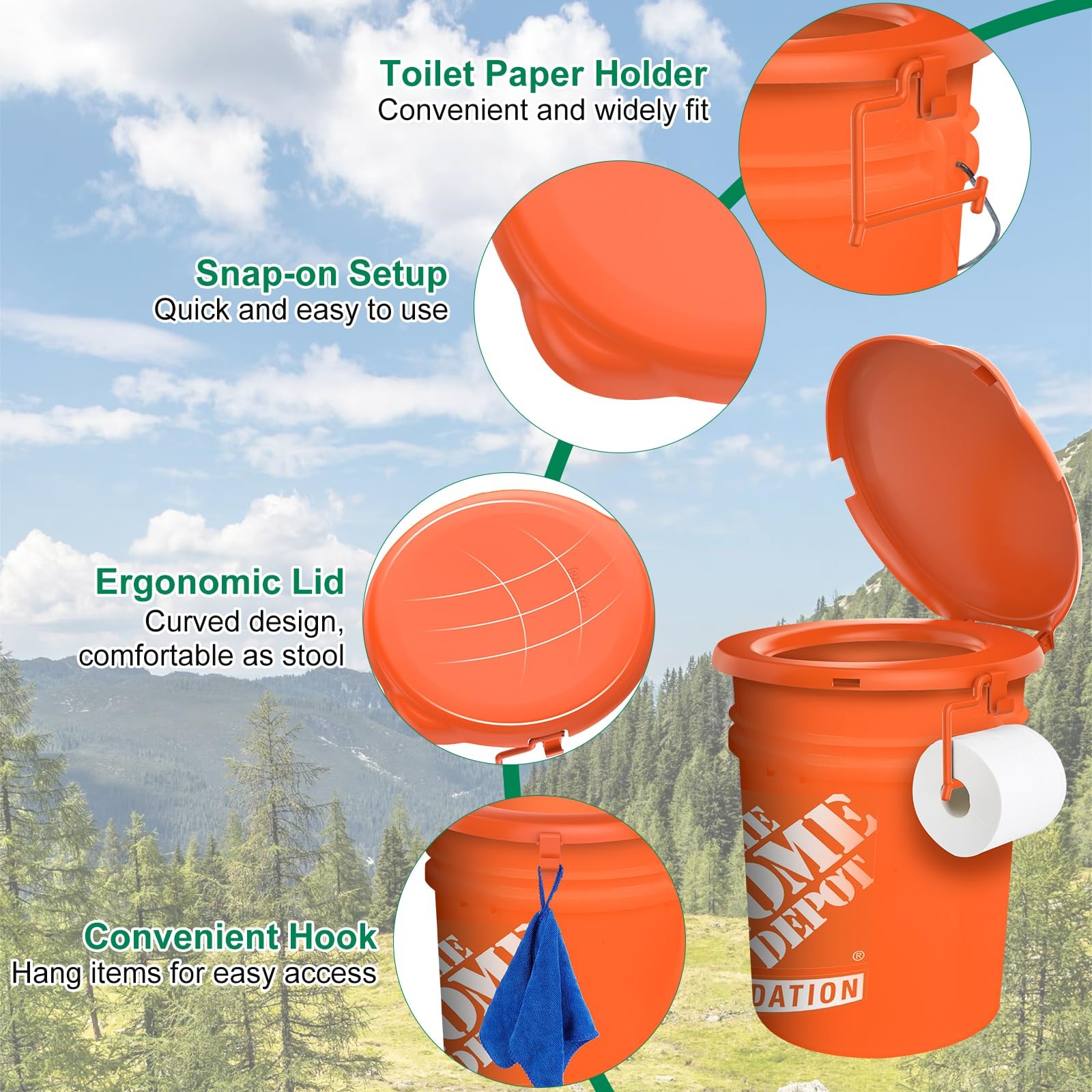 Portable Toilet Seat Orange fits for 5 Gal Buckets Snapon Lid for Adult
