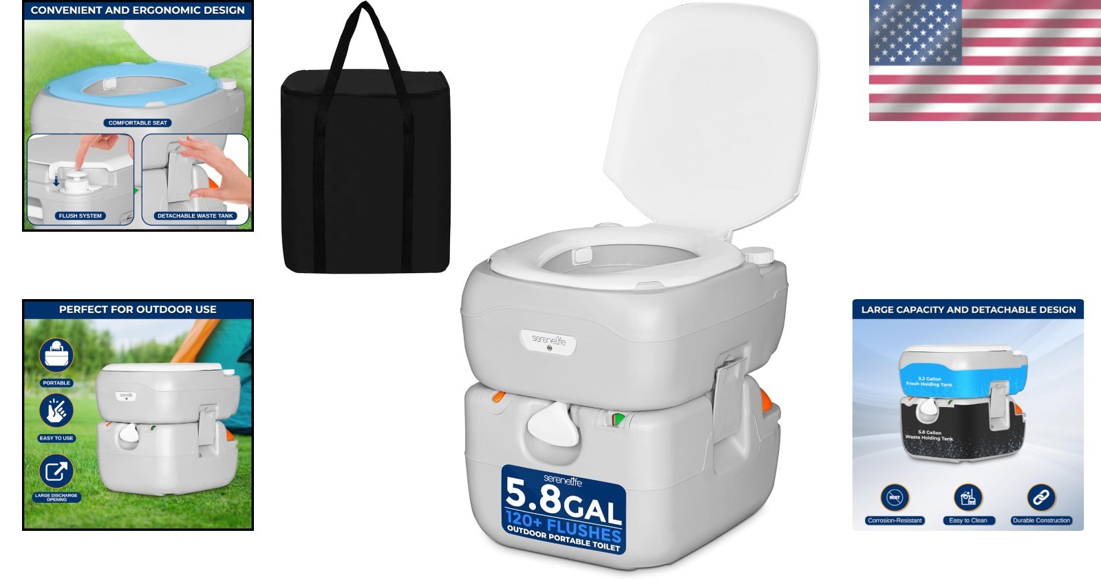 Camping Toilet 5.8 Gal Porta Potty | Detachable Tank | High-Density PE | 330 Lbs