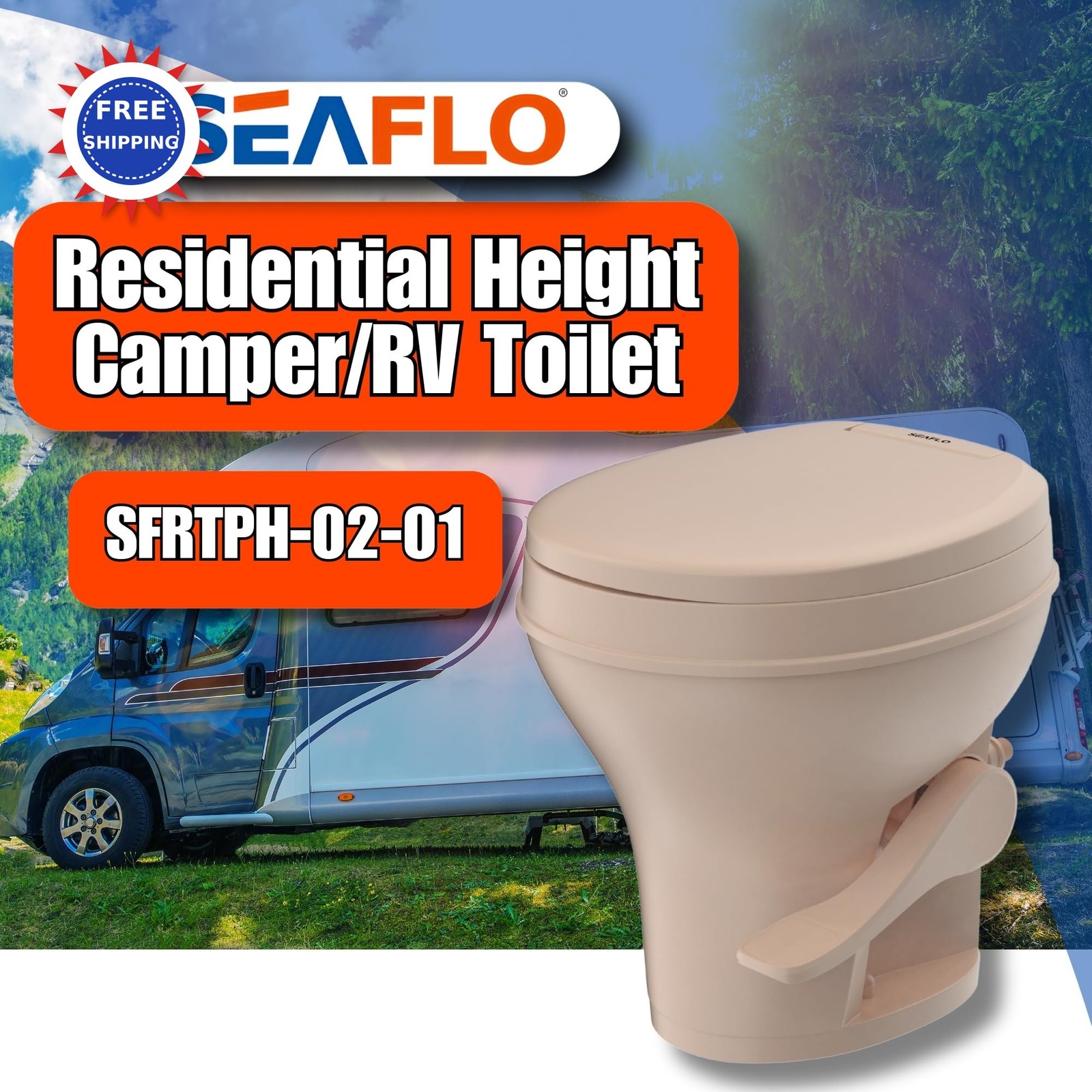 Residential Height Camper RV Toilet Gravity Flush Soft Close Seat SEAFLO Foot