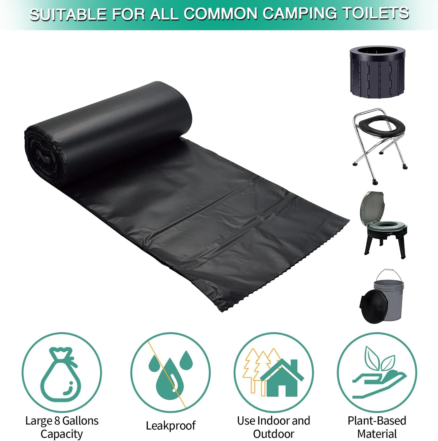 80/60/20 Portable Camping Toilet Bags 100% Compostable 8 Gallon Use with 5 Gallo