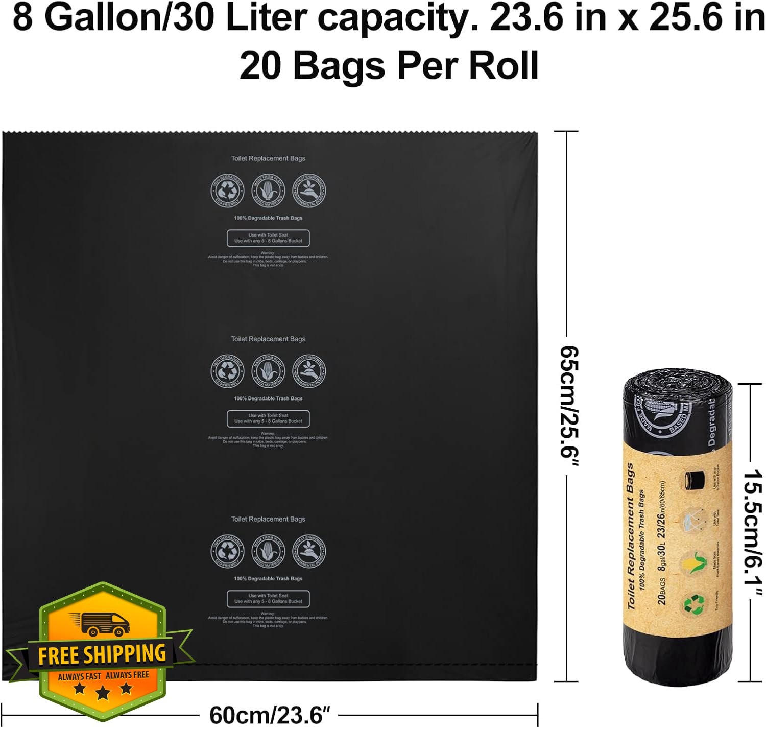 BLIKA 100 Count Toilet Replacement Bags, 8 Gallon, 30 Liter, Heavy Duty 1 Mil…