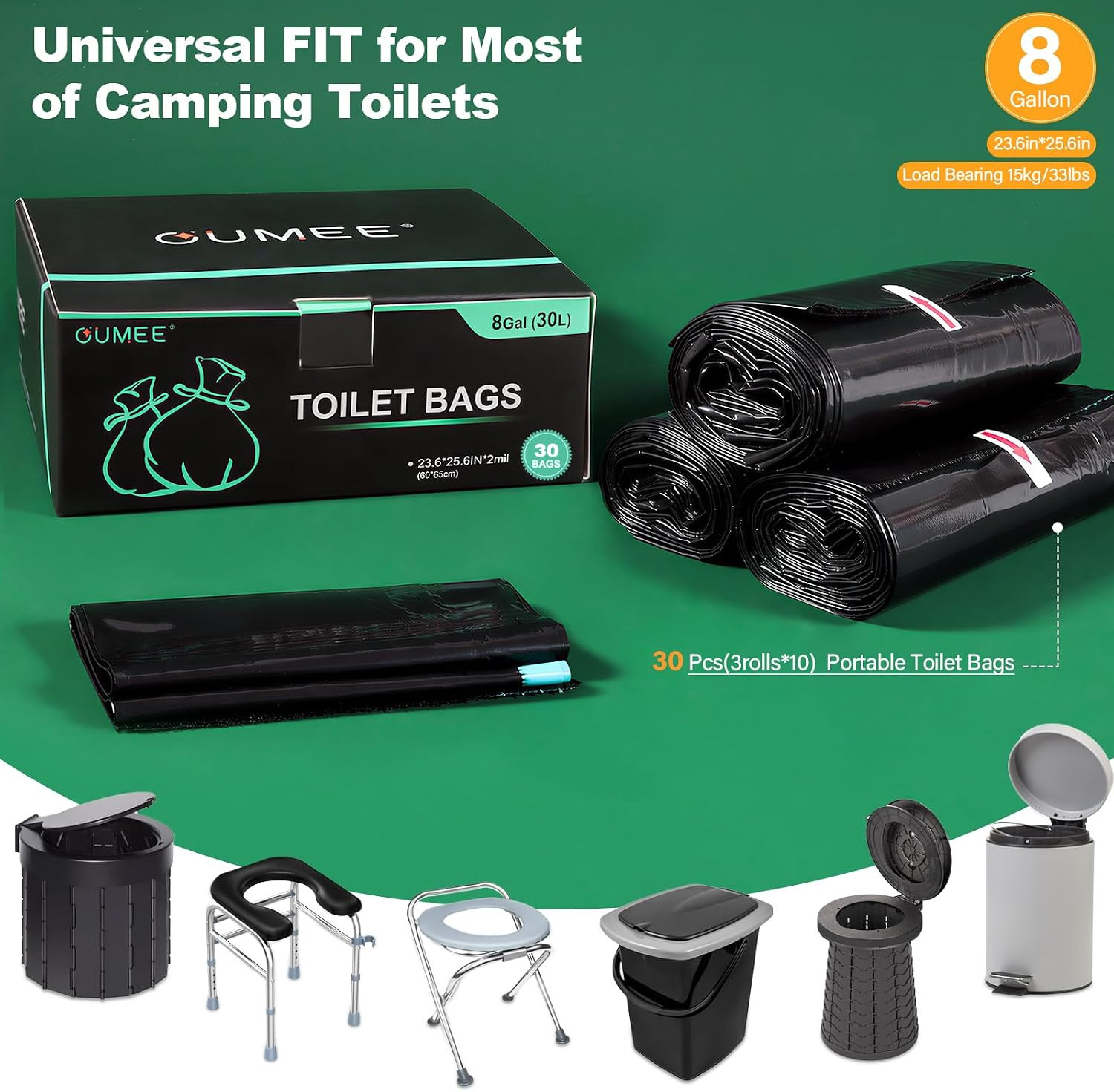 30 Portable Toilet Bags with 30 Poo Gel Set, 8 Gallon Capacity | Camping Toilet