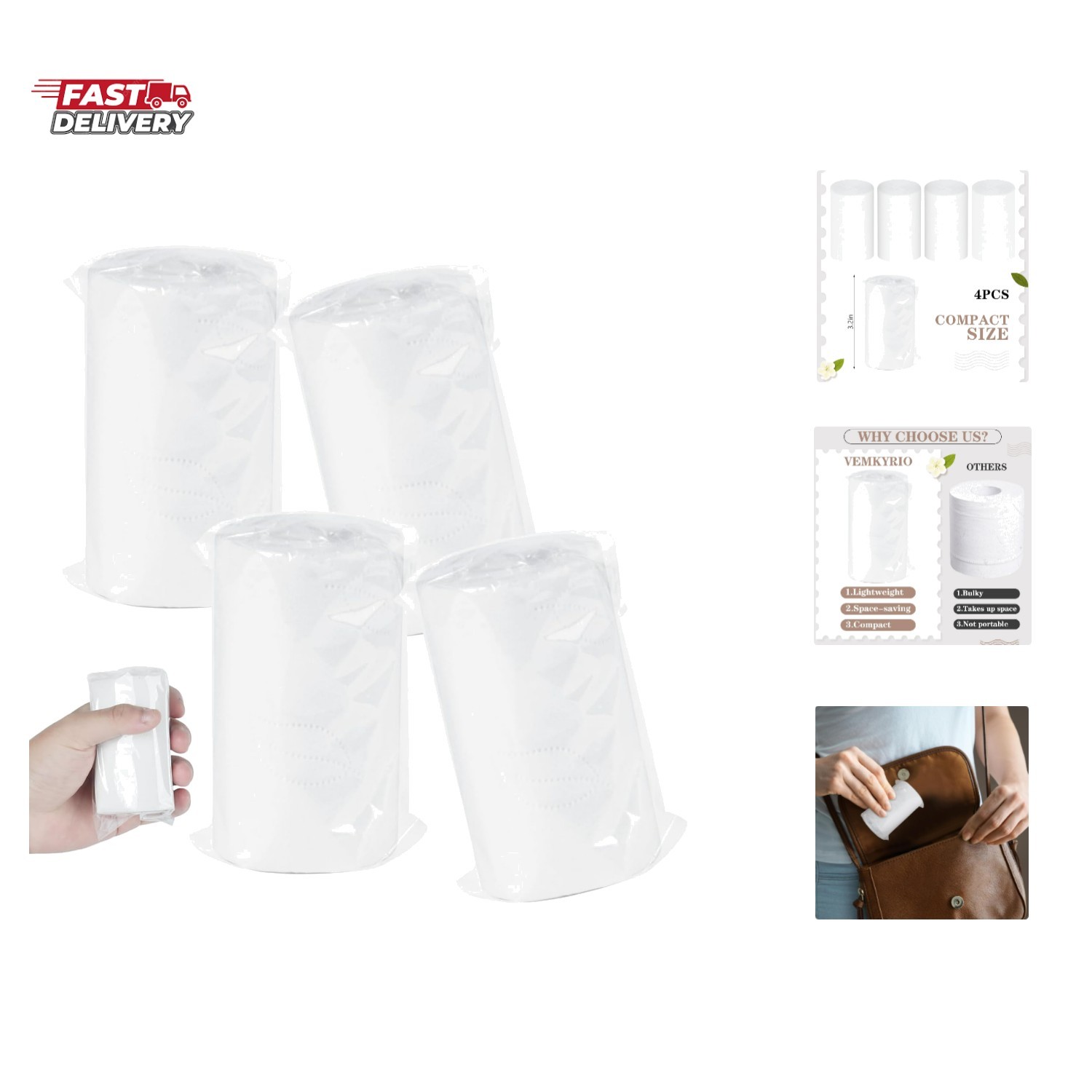 4 Packs Packable Camp Toilet Tissue Soft Travel Toilet Paper – Coreless Trave…