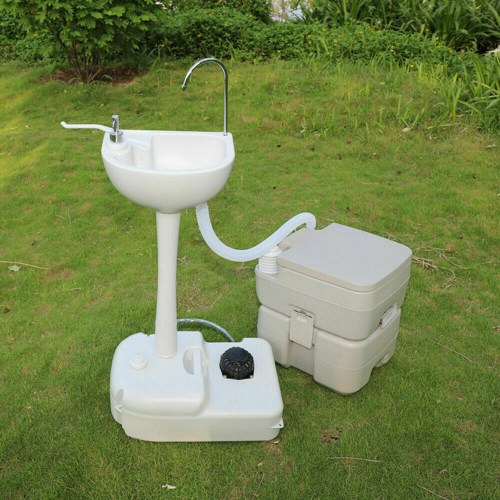 US Portable Outdoor Hand Sink w/ RV Camper Gravity Pedal Flush Toilet 2Tanks Kit
