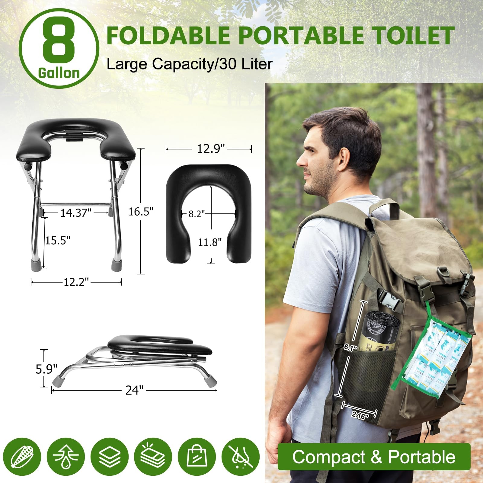 Portable Toilet for Camping, 350LBS Stainless Steel Foldable Camp Travel Toil…