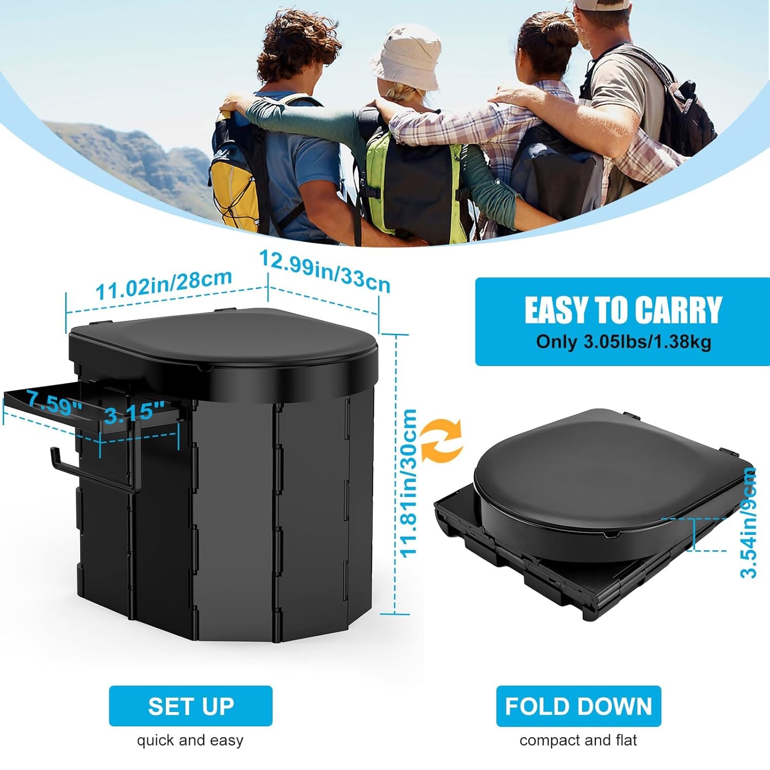 Portable Camping Toilet for Adults Foldable with Detachable Phone Shelf