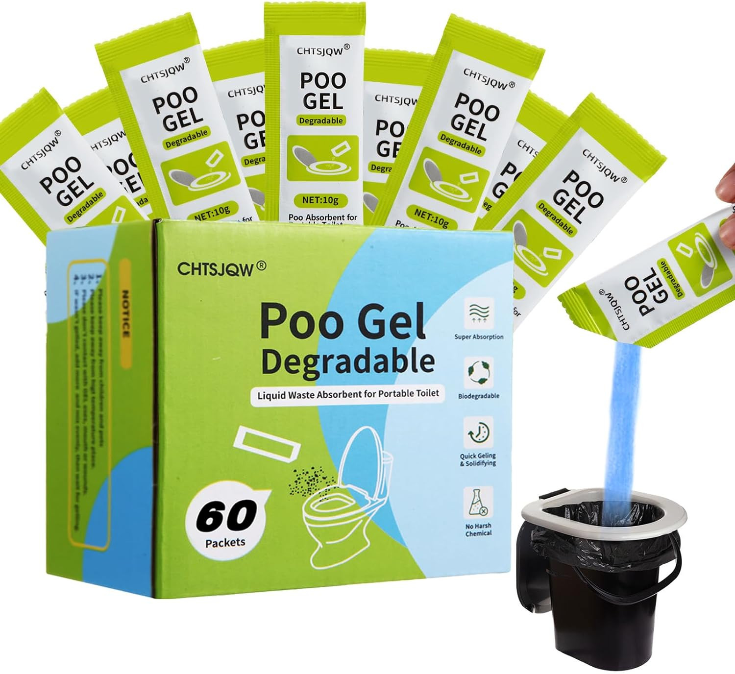 Portable Toilet Absorbent Gel Powder, 60 Pack Poo Gel for Camping Eco Absorbent
