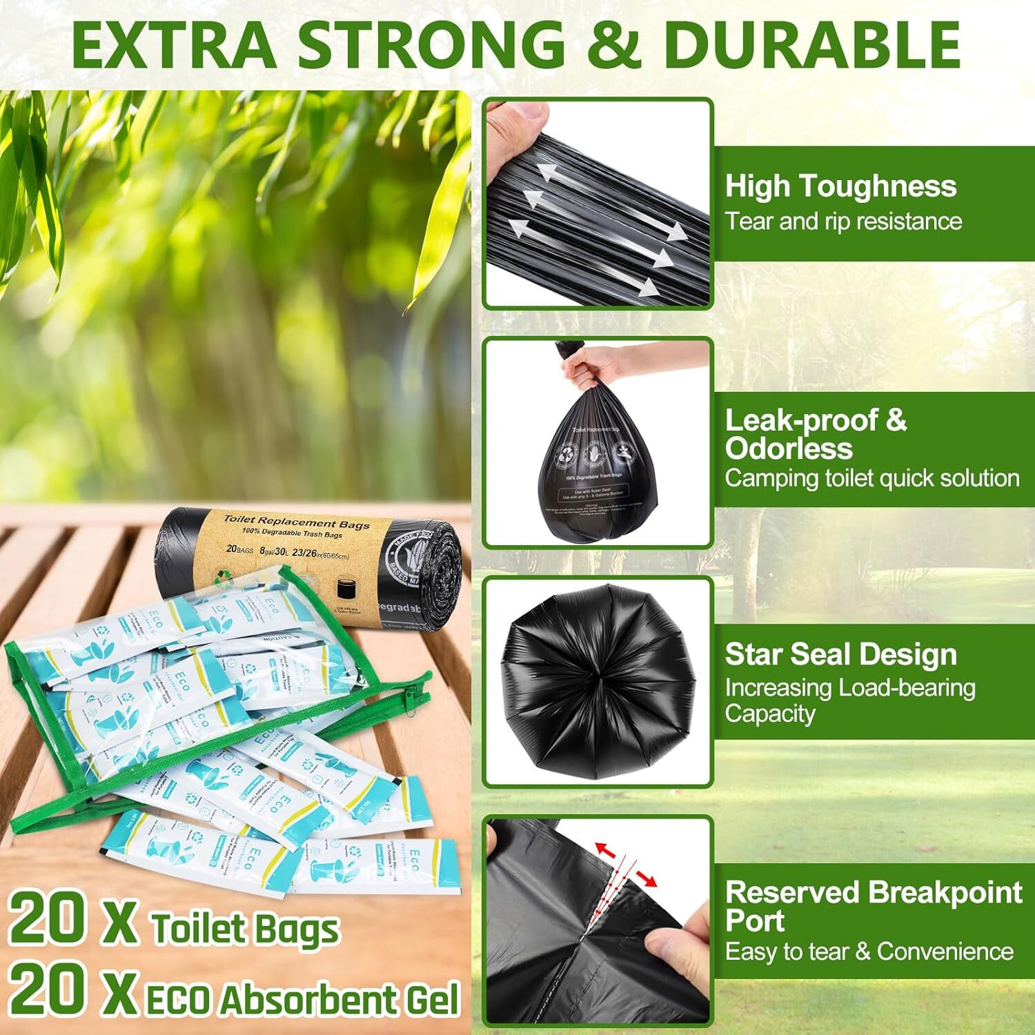 40Count Camping Toilet Bags Eco Absorbent Gel Set Toilet Bags with Toilet Powder