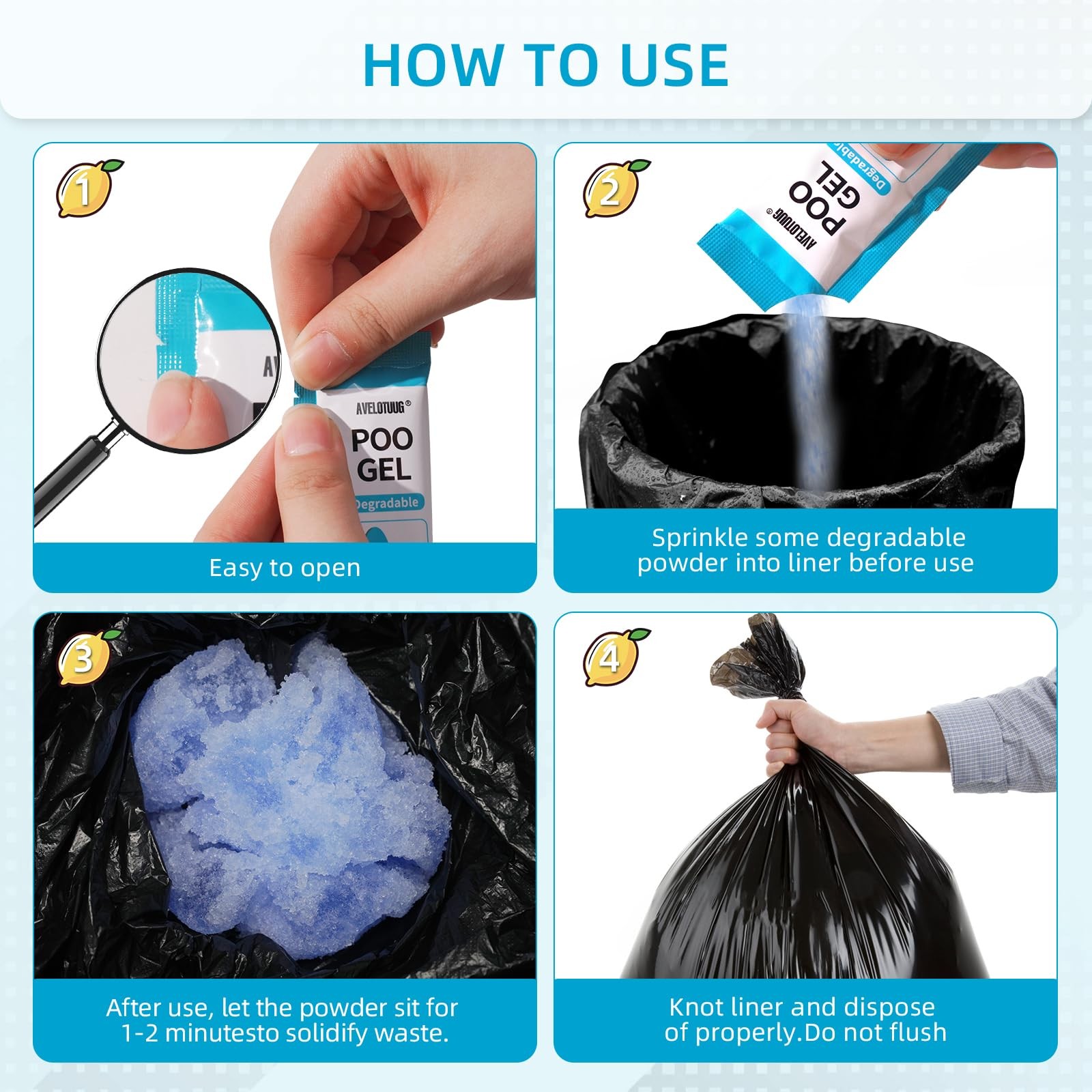 Portable Toilet Absorbent Gel Powder 60 Pack Poo Gel For Camping Toilet Solid Wa