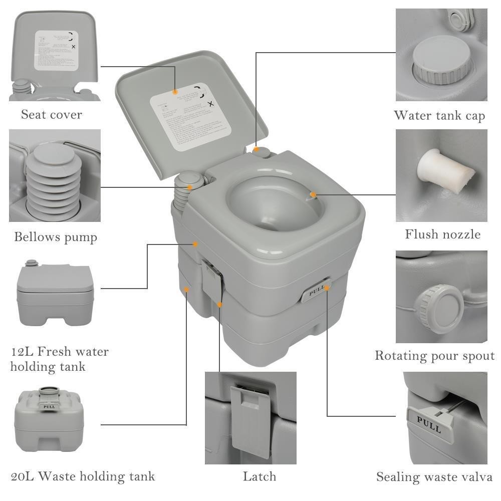 Portable Toilet Flush Travel Camping Commode Potty Outdoor/Indoor 5 Gallon 20 L
