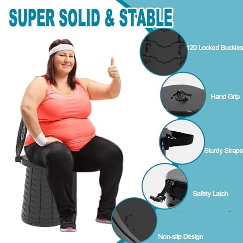 XXL Portable Toilet – 19.7″ H Taller Wider Collapsible 15″x15″x19.7″ Black