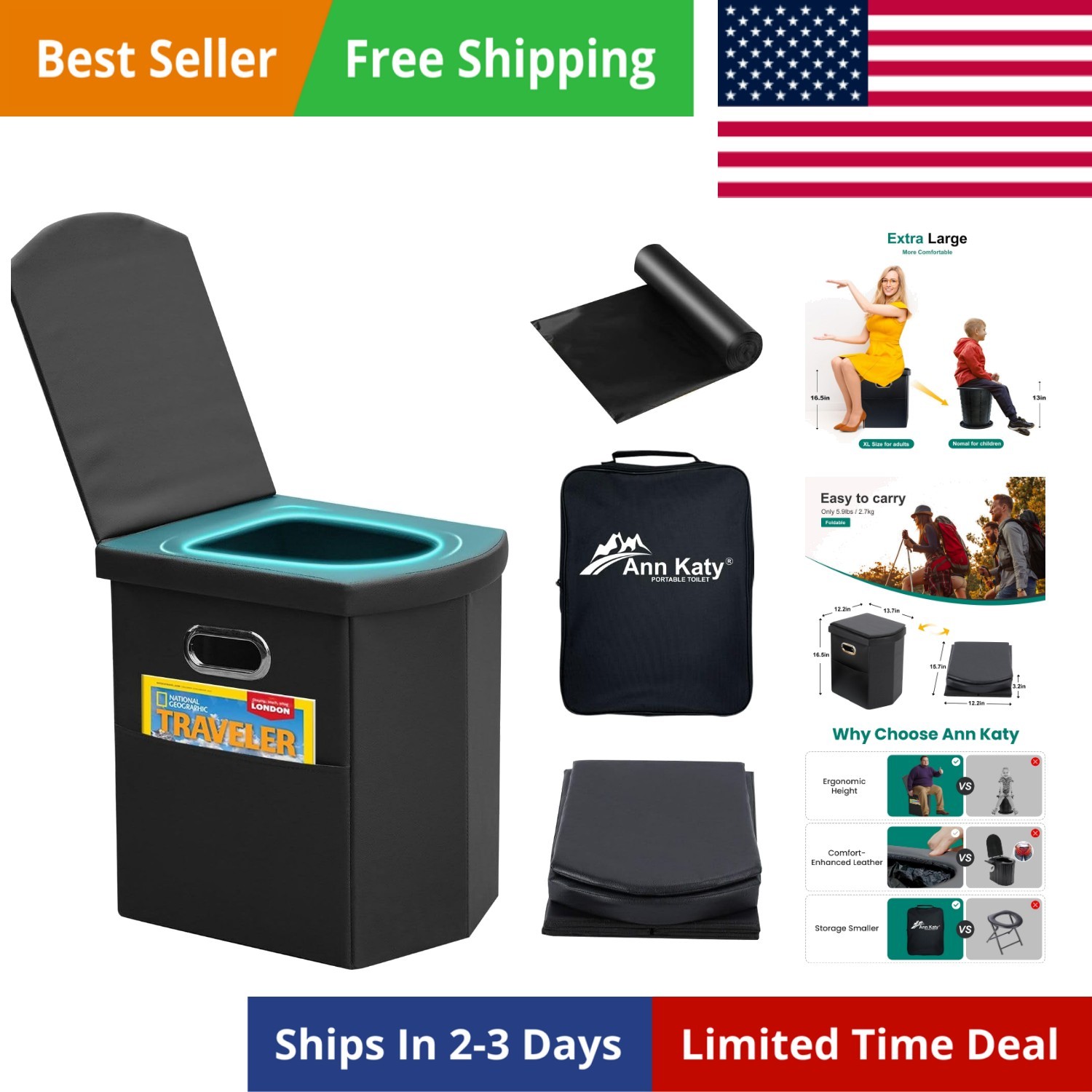 Upgrade XL Portable Toilet for Adults, Extra Large Portable Travel Floding To…