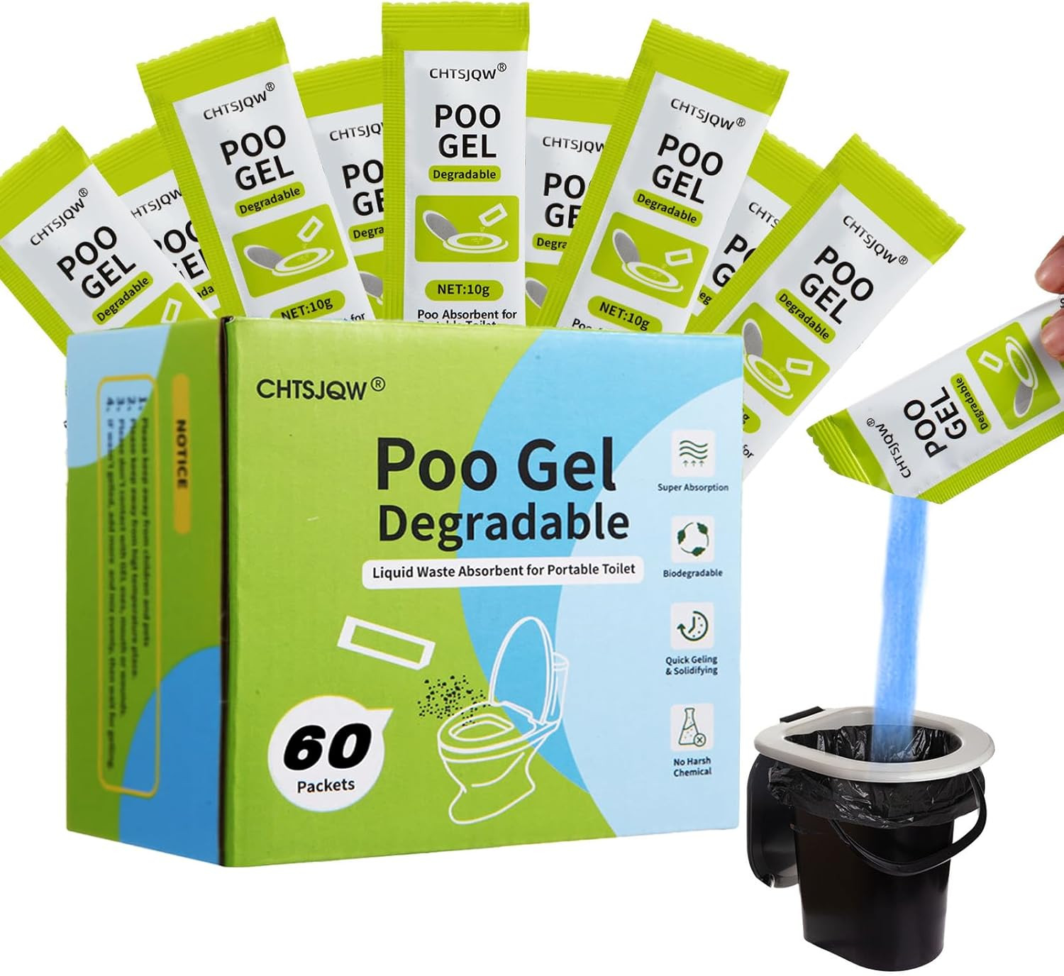 Portable Toilet Powder, Eco Absorbent Gel Liquid Waste Gelling and Deodorizing,