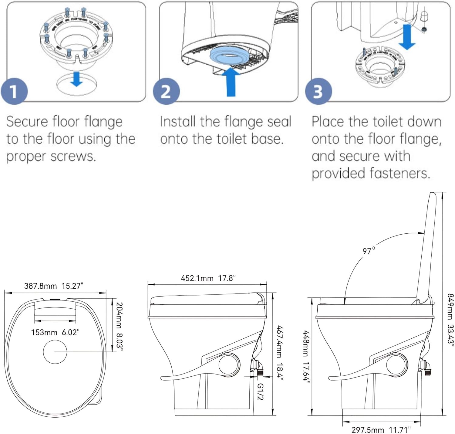 SEAFLO Residential Height Camper/RV Toilet, 18.5” Standard Height, White