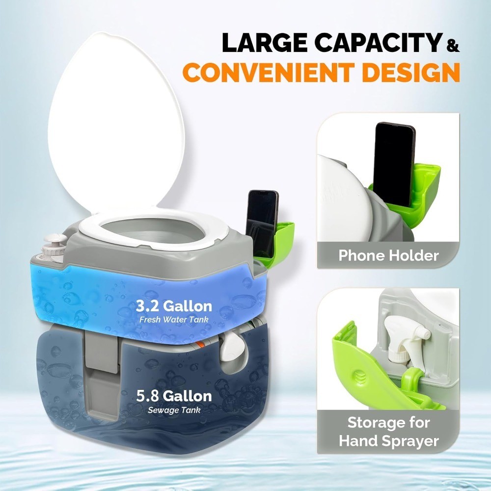 Portable Camping Toilet 5.8 Gallon Large Capacity Tank with Hand Wash Spray for
