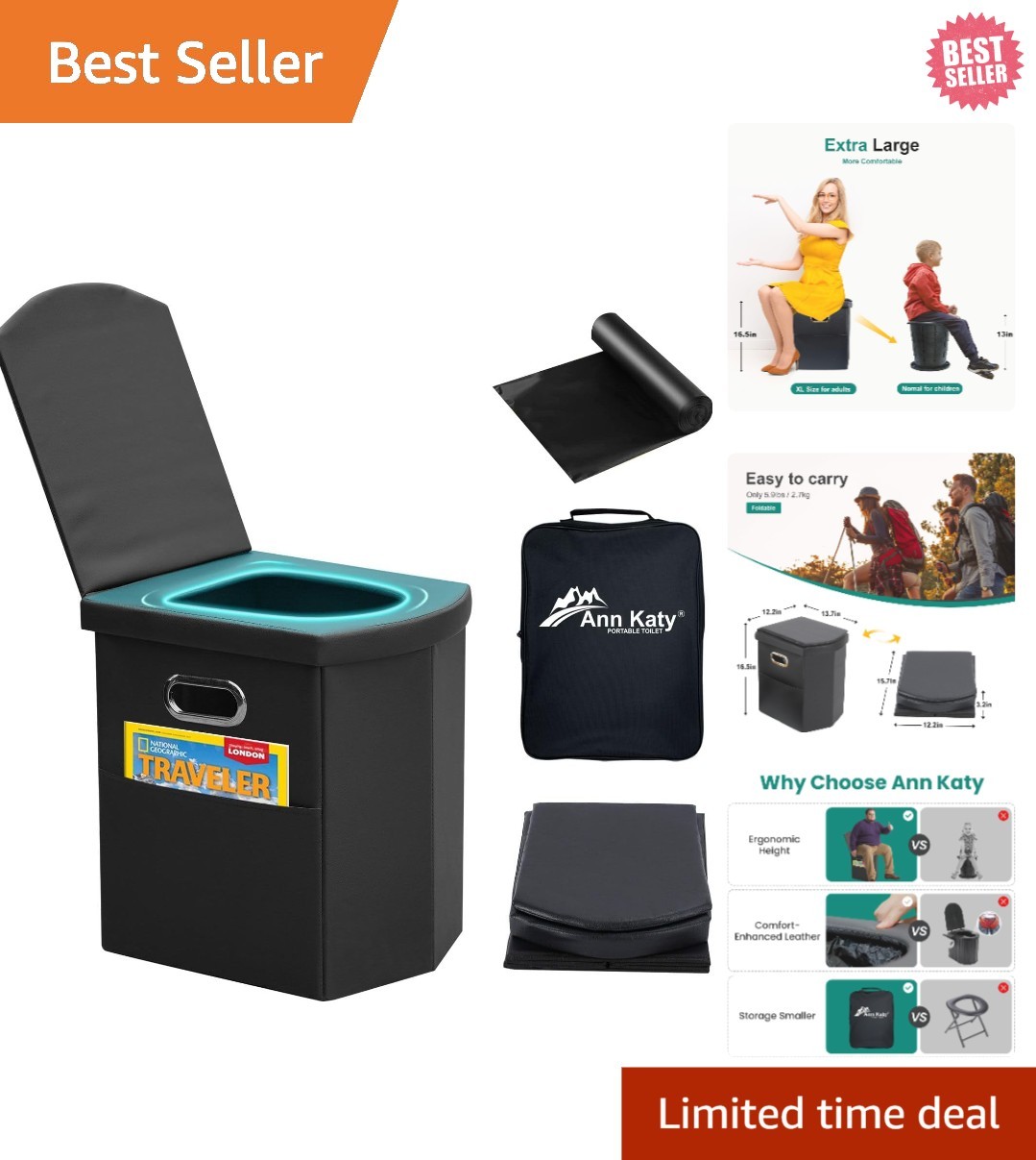 Ergonomic Extra Large Portable Toilet for Camping & Hiking – Soft Leather Finish