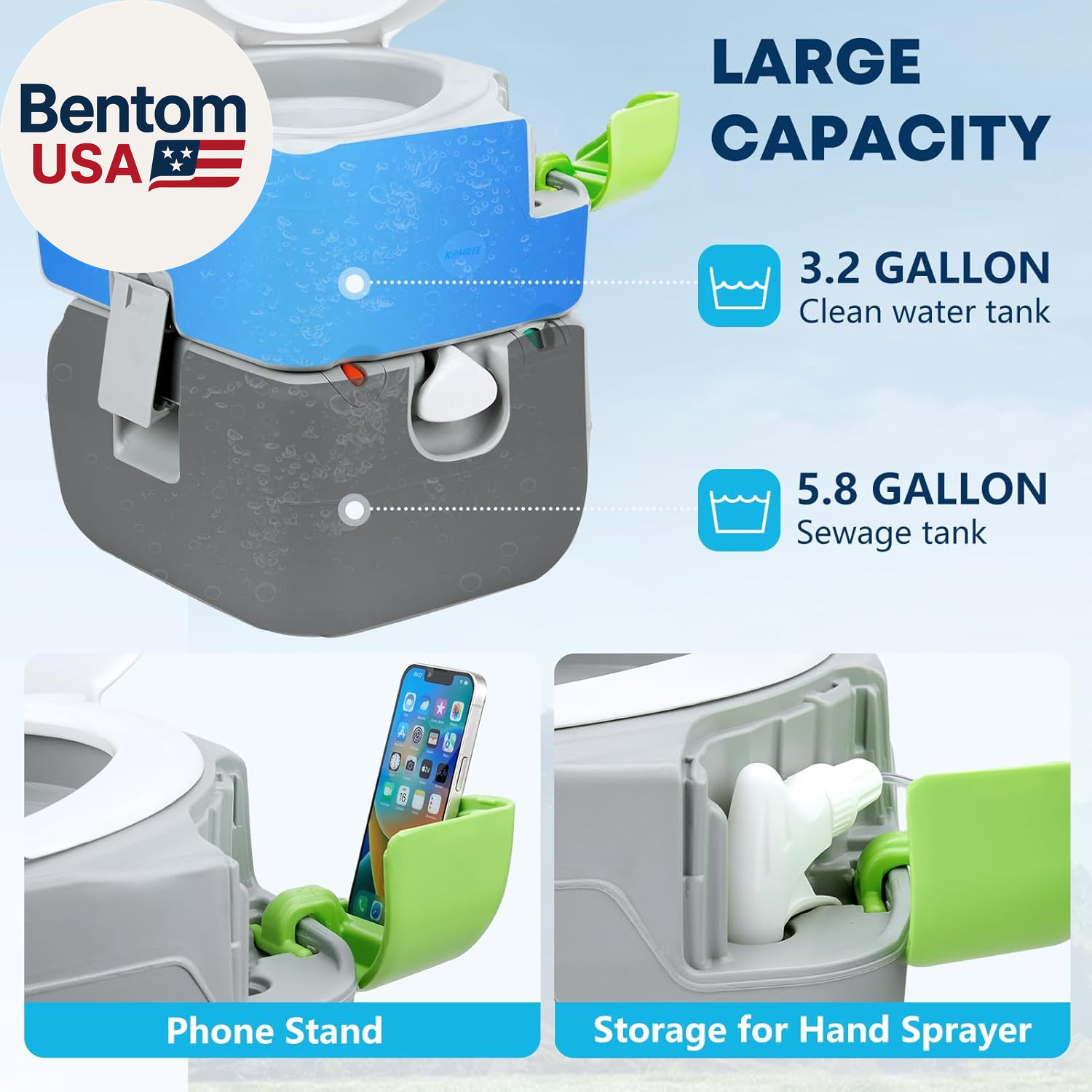 5.8 Gal Camping Toilet: Portable Toilet for Adults with Diagonal Elongated Bowl
