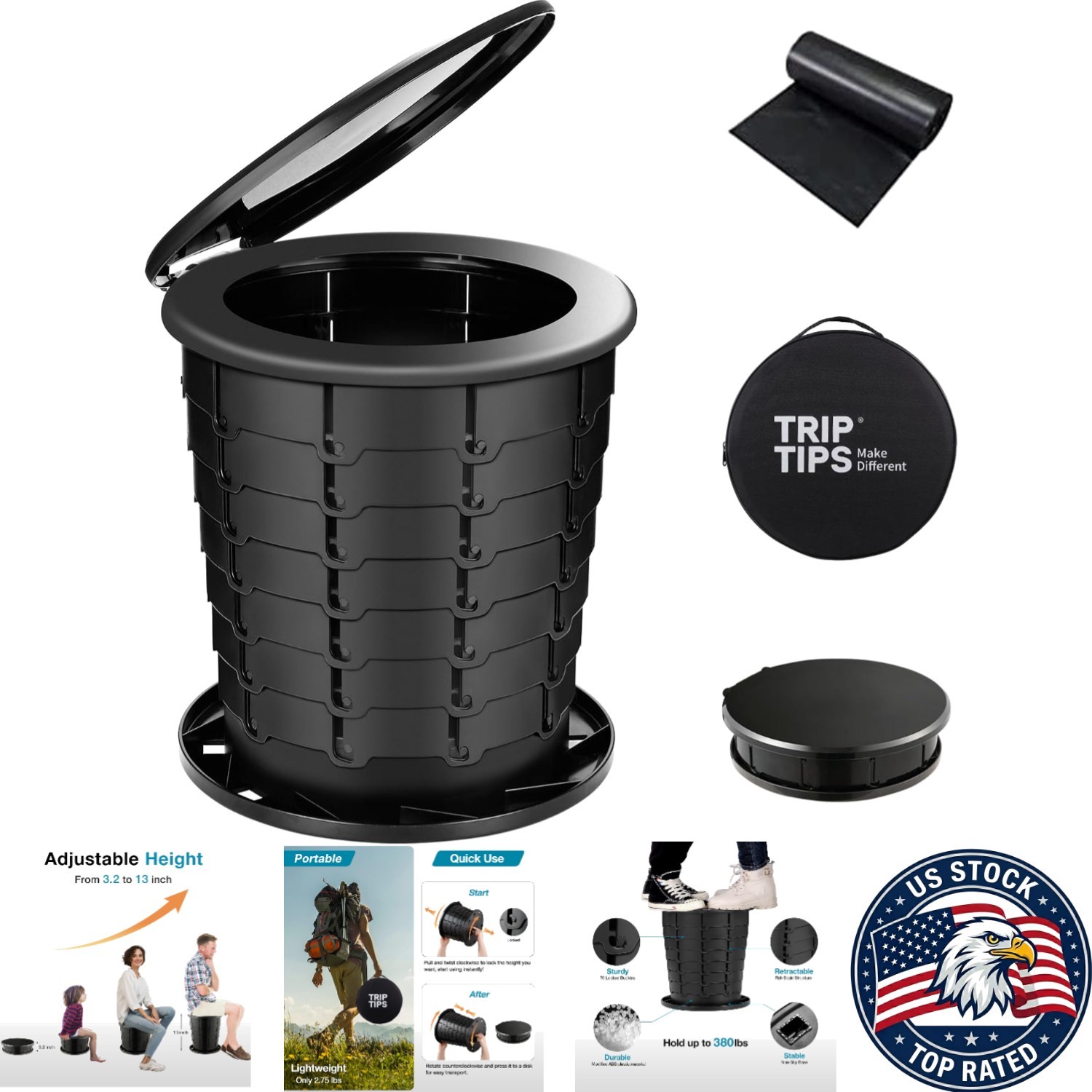 Adjustable Height Portable Toilet for Camping & Travel – Lightweight & Foldable