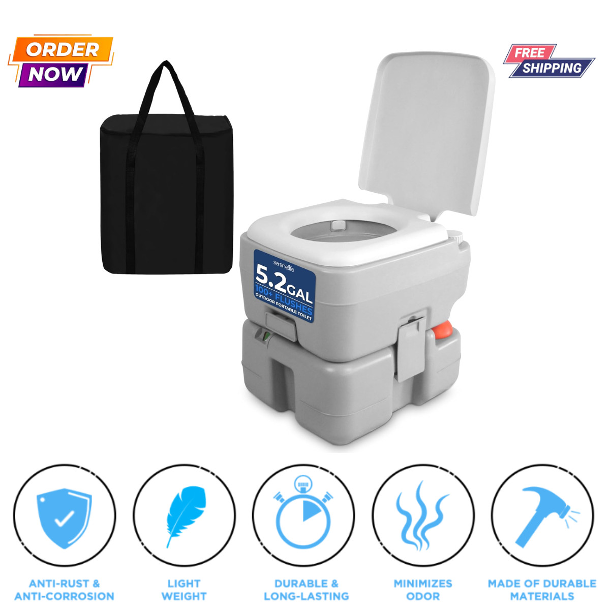 5.2 Gallon Portable Toilet Camping Porta Potty w/ Tank Indicator Carry Bag Adult