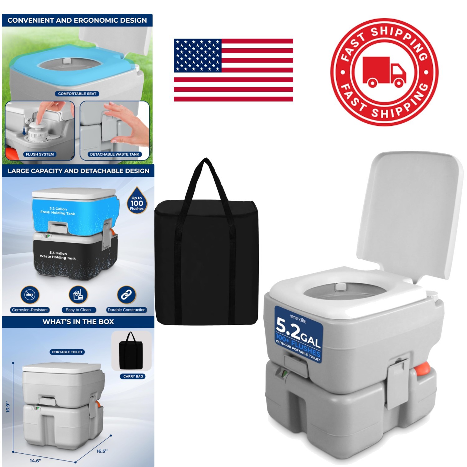 Camping Portable Toilet 5.3 Gallon Leak Proof Flush System for Outdoor Use