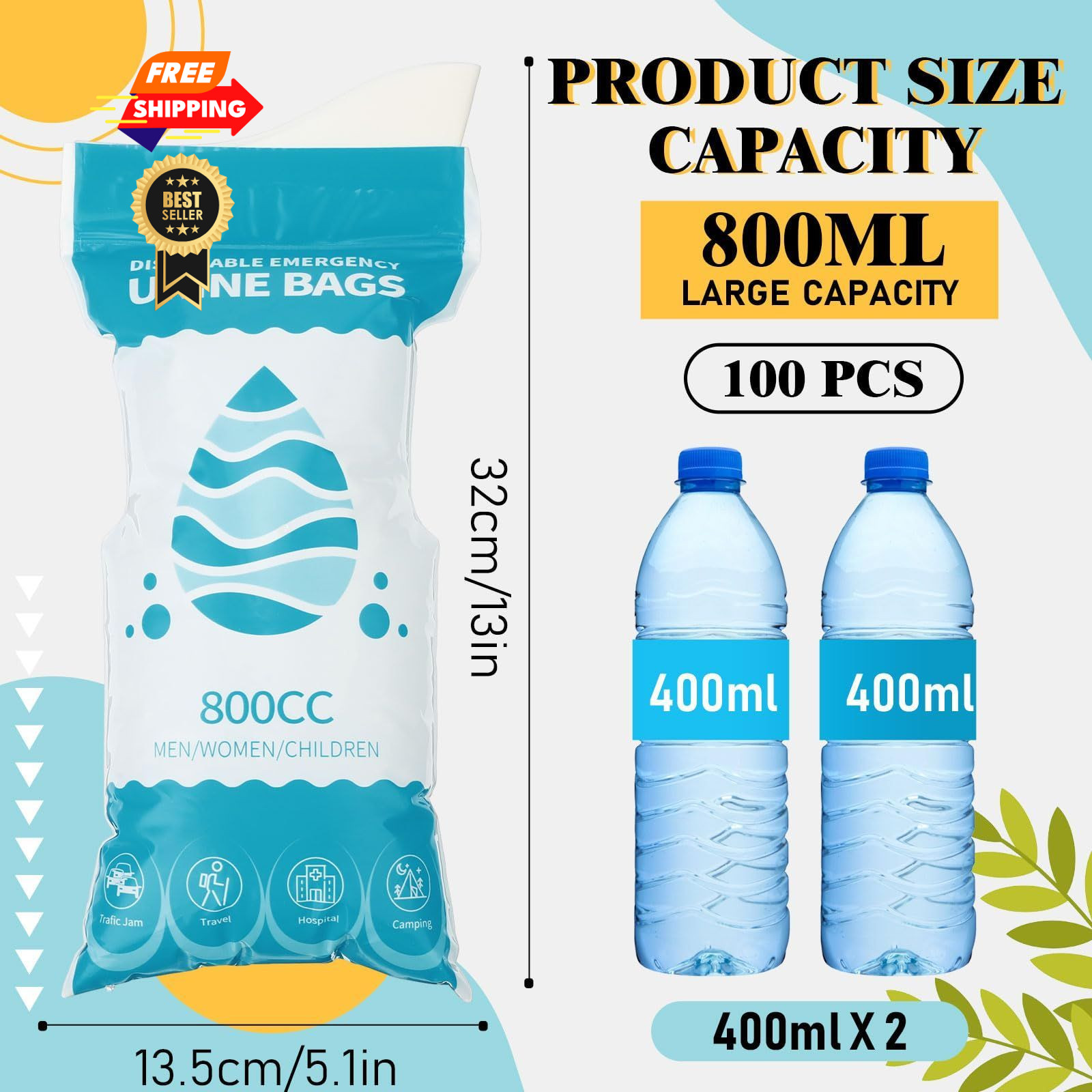 Nuogo 100 Pcs Disposable Urine Bag 800cc Portable Emergency Pee Bags 800 CC