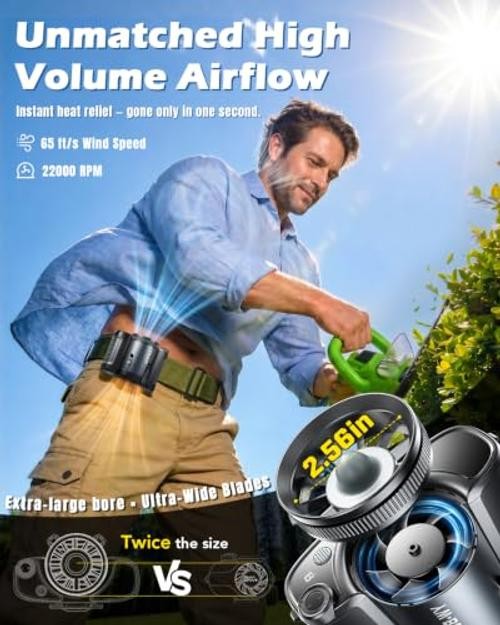 Portable Waist Fan, Clip-On Wearable Personal Belt Fan with 10000mAh Black
