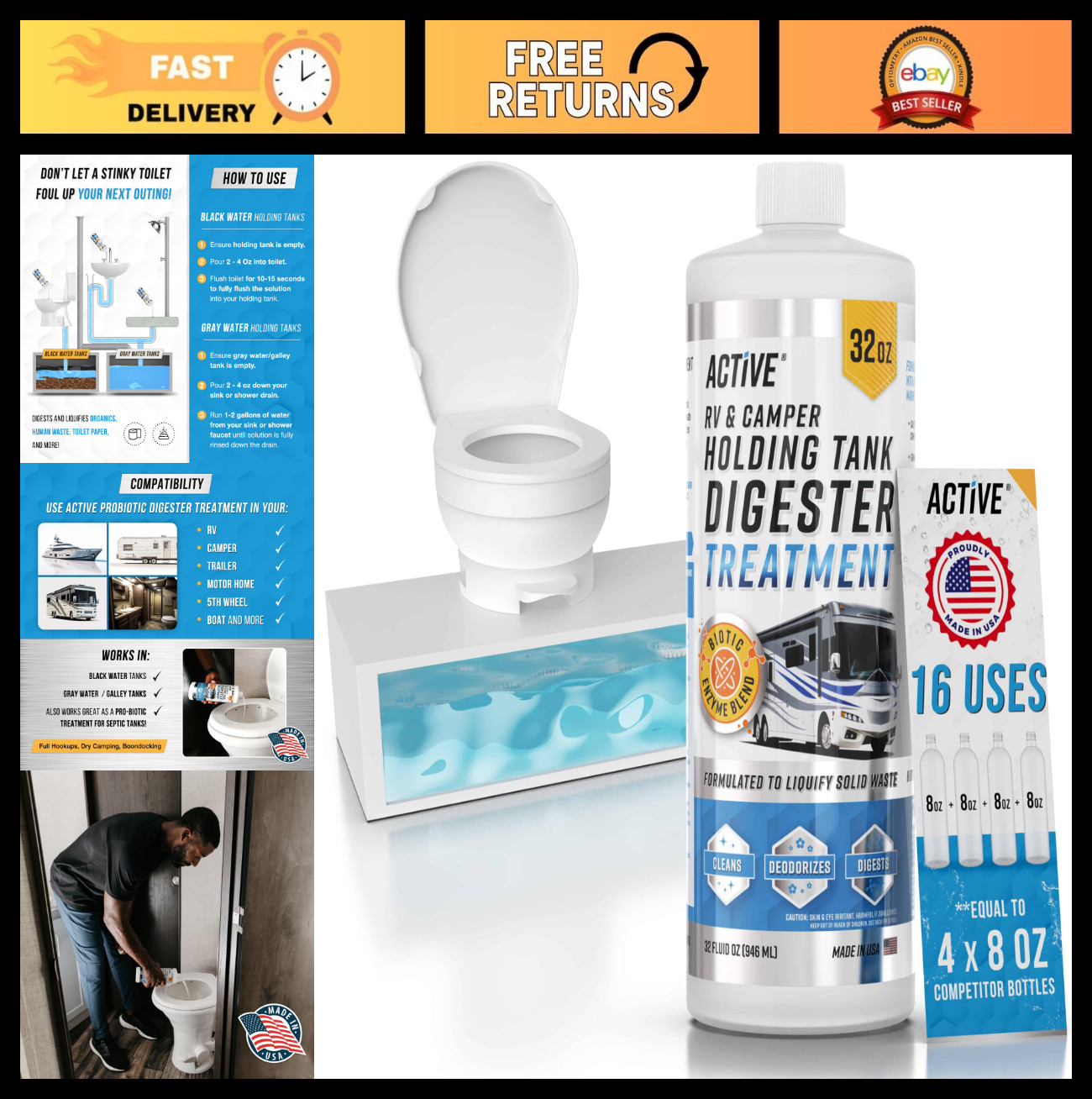 16 Treatments RV Black Tank Treatment – Waste Digester & Deodorizer for Campers,