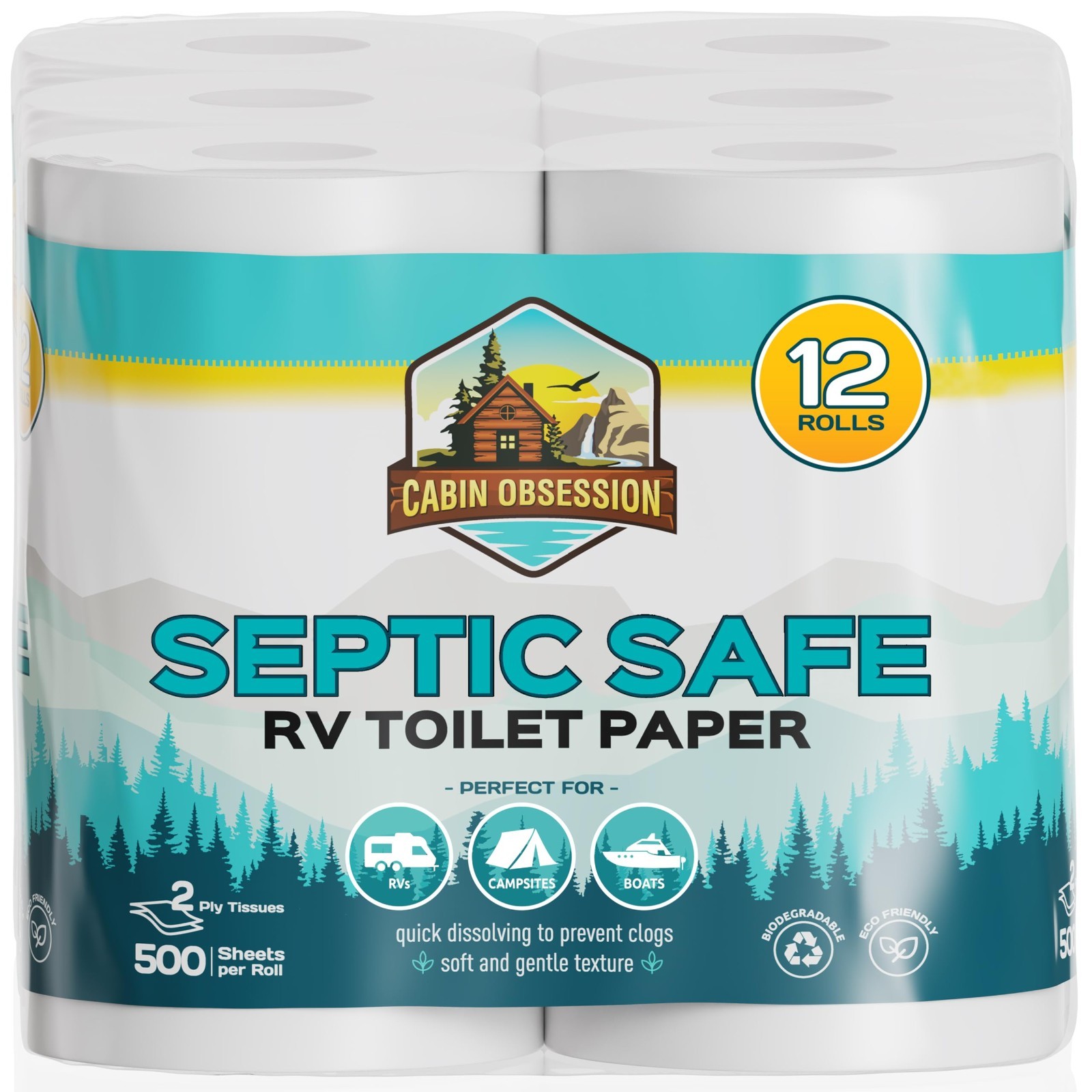 Septic Safe RV Toilet Paper – 12 Pack, 2-Ply Quick Dissolving Camper Tissue
