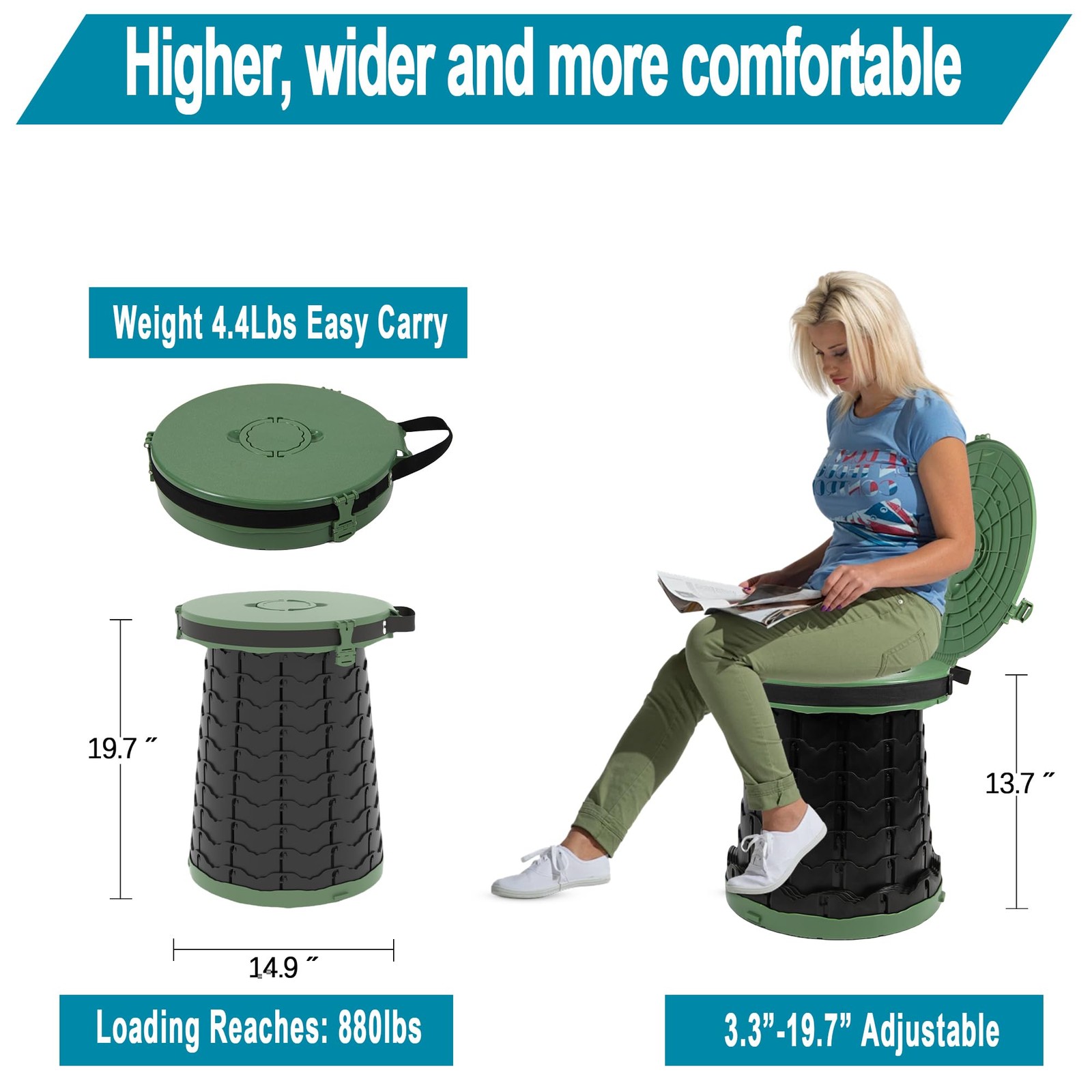 XXL Portable Toilet – 19.7″H Taller Wider Collapsible Adjustable Foldable Cam…