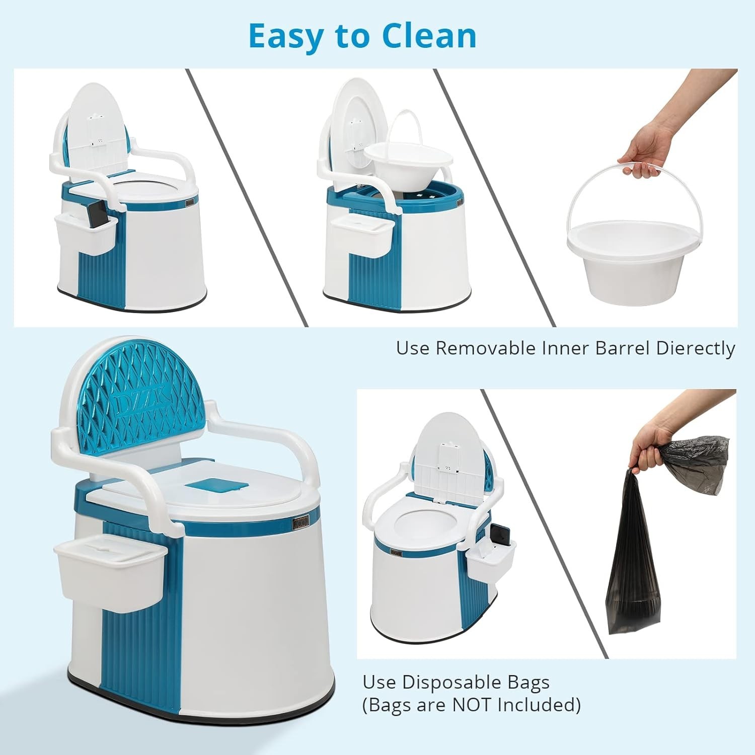 Portable Toilet | Back & Handrail Design Commode with 5 Gallon Bucket Inner