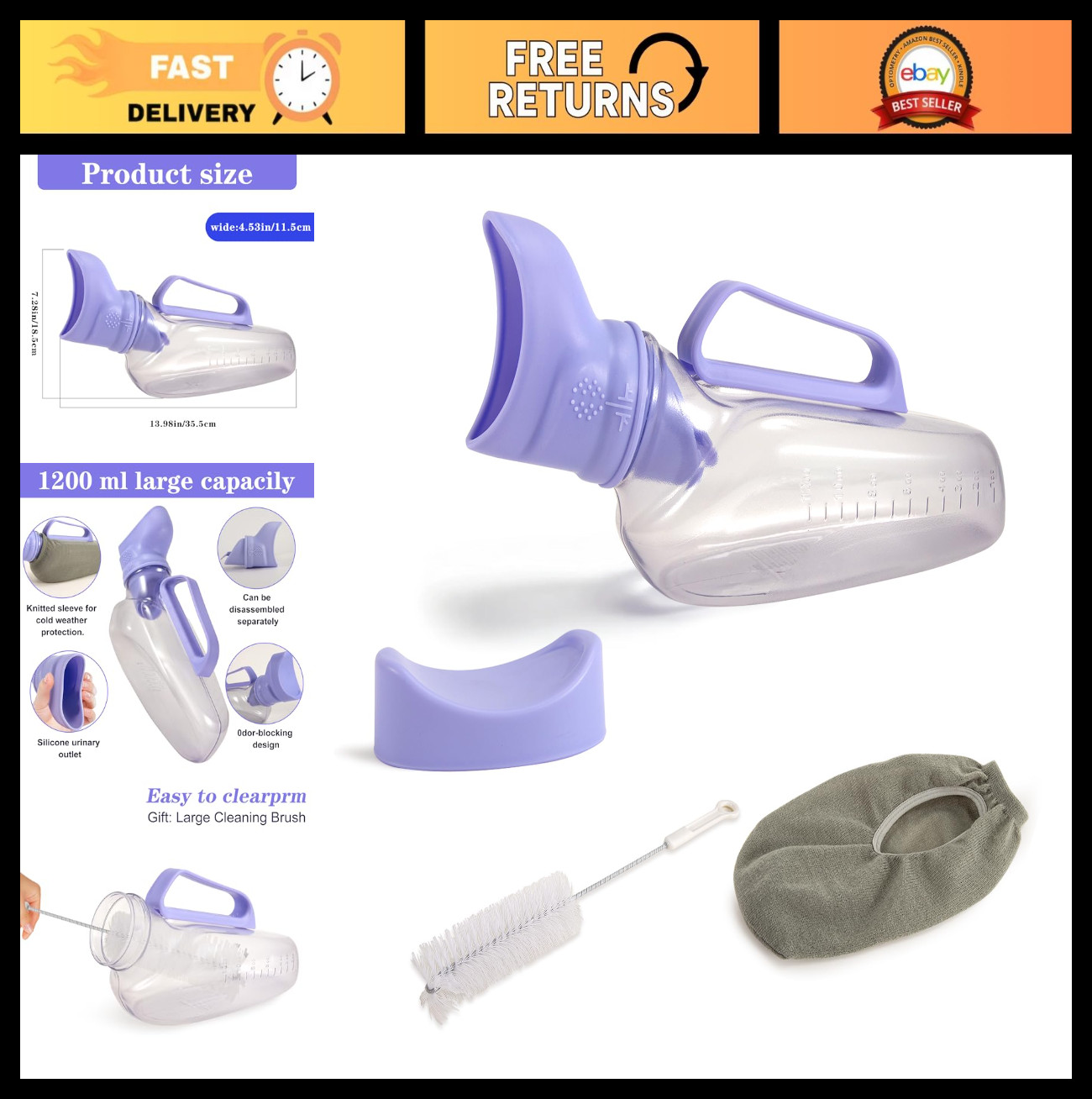 Portable Female Urinal 1200ml – Soft Rubber Funnel, Spill-Proof Lid, Travel & Ca