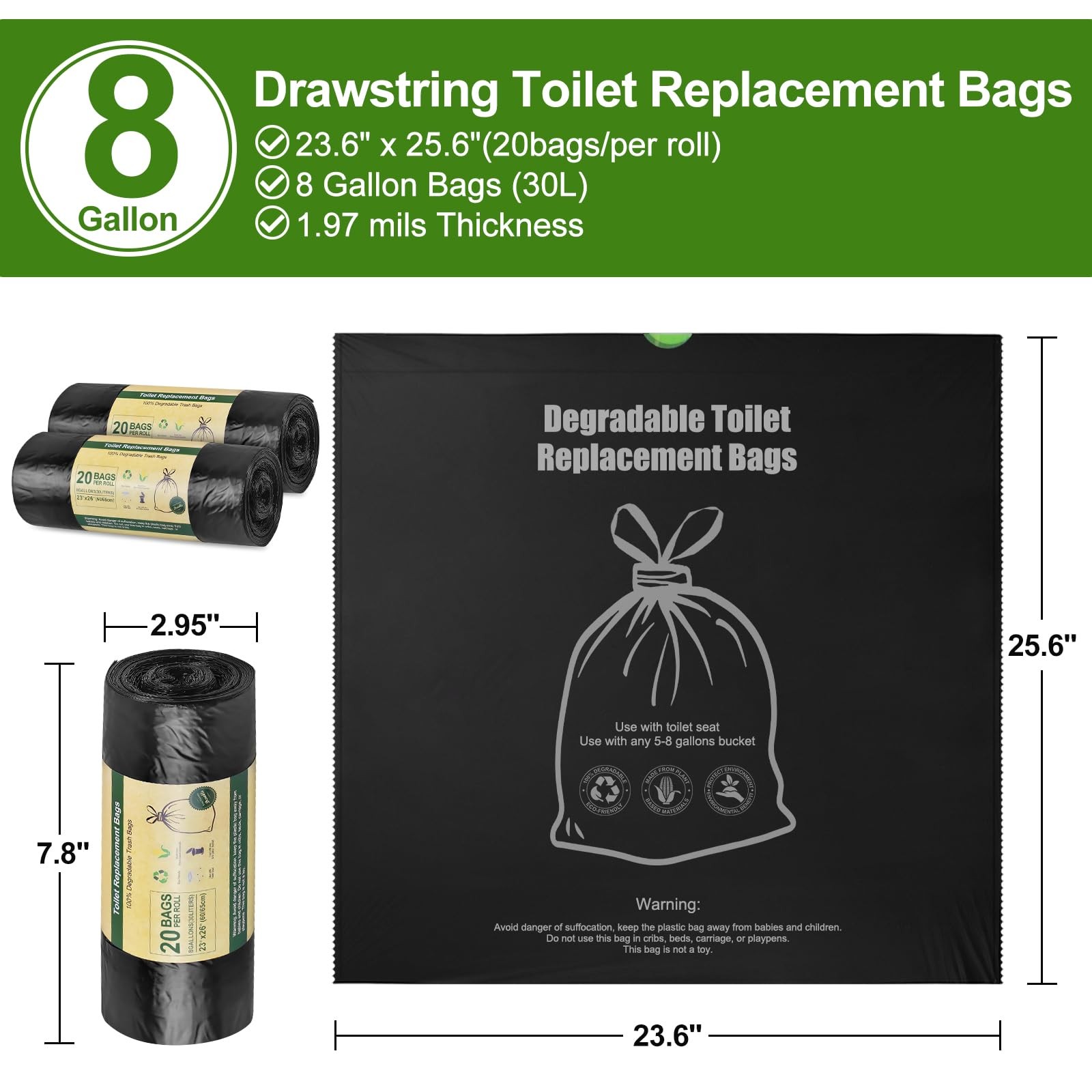 BLIKA 40 Count Toilet Bags with Drawstring, 8 Gallon, 30 Liter, Heavy Duty 1….
