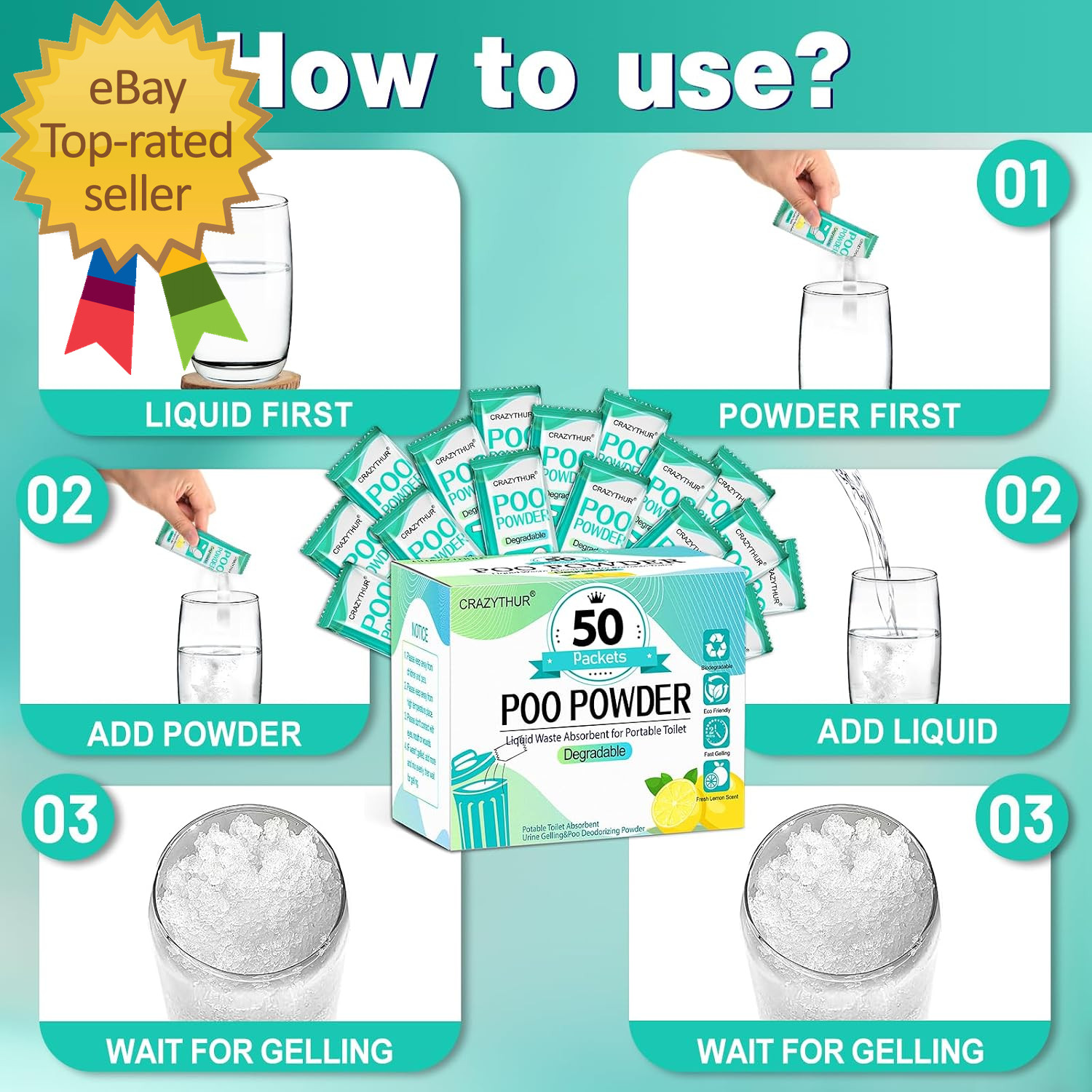 Poo Powder for Portable Toilet Gel Powder, Camping Toilet Gel | Lemon Scent Pee