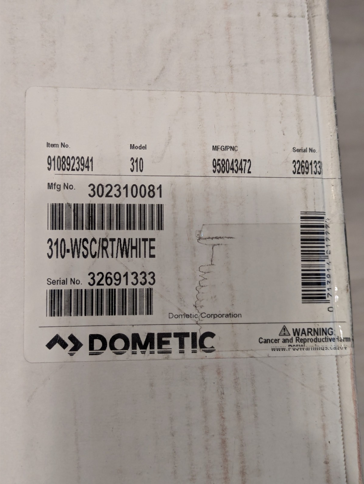Dometic 310 Porcelain Gravity-Flush Toilet- White 9108923941 WSC/RT/White *Read
