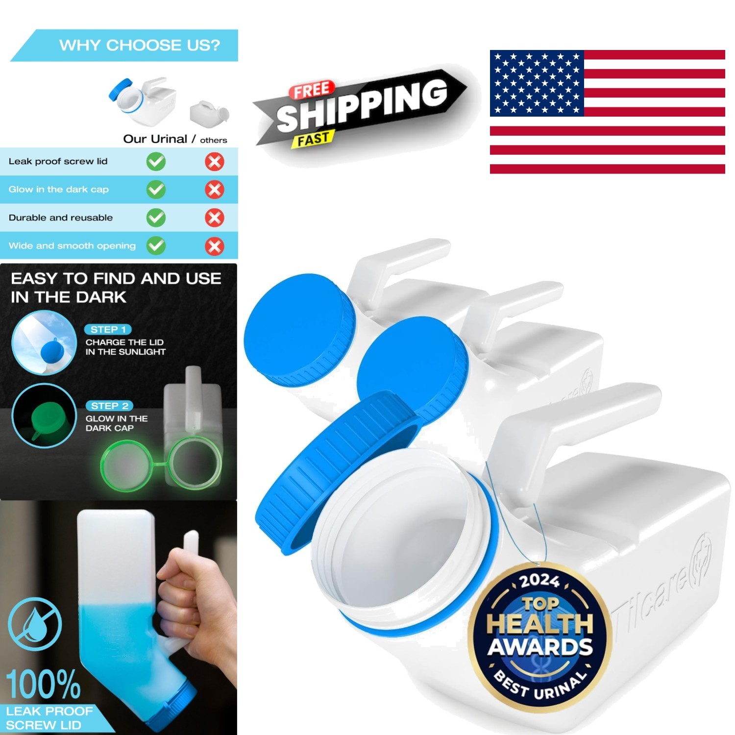 3 Pack Urinals for Men 32oz Thick Plastic Spill Proof Bedpan with Screw On Lid