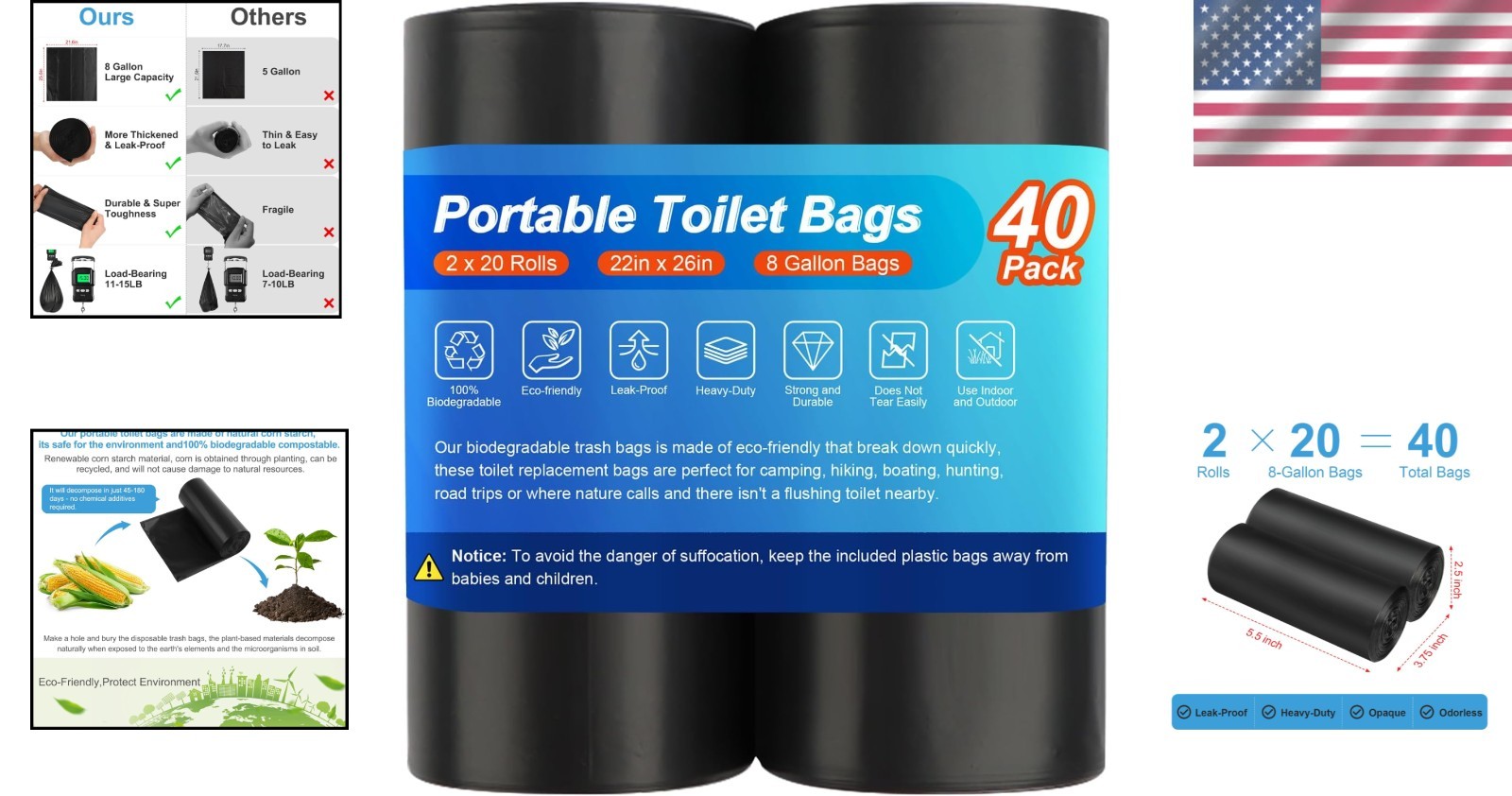 80-Pack Biodegradable Portable Toilet Bags – Thickened & Leak-Proof for Outdoors