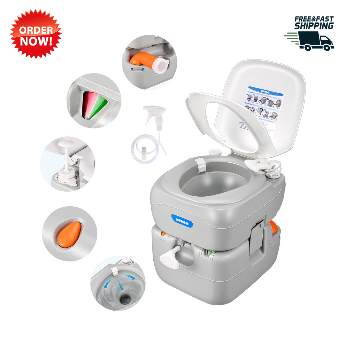 Portable RV Toilet 5.8 Gal Camping Porta Potty Detachable Tank Leak Proof Travel