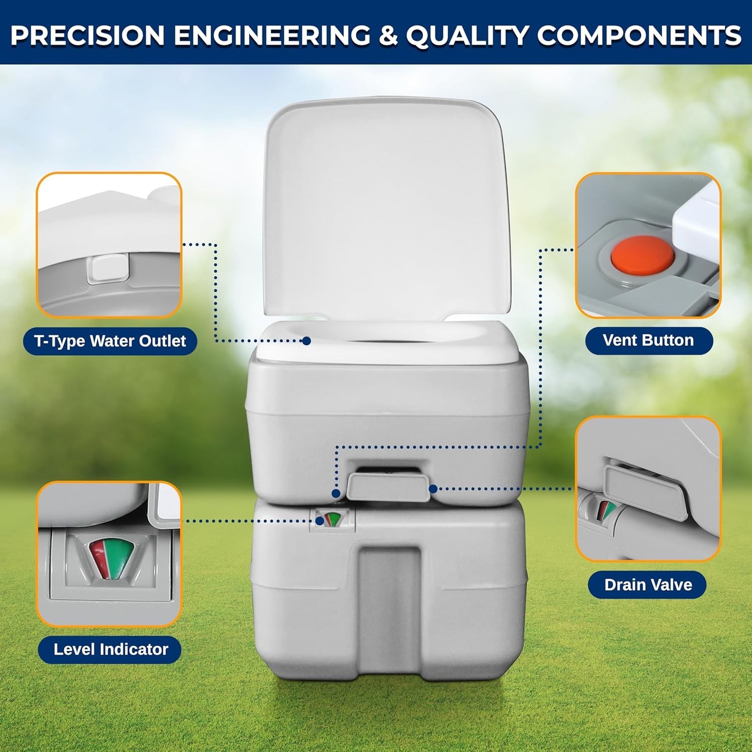 Portable Camping Toilet – 5.2 Gal Flushes, Detachable Tank