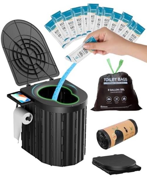 Portable Toilet with Urine Gel & Leak-Proof Black Toilet and Blue Urine Gel