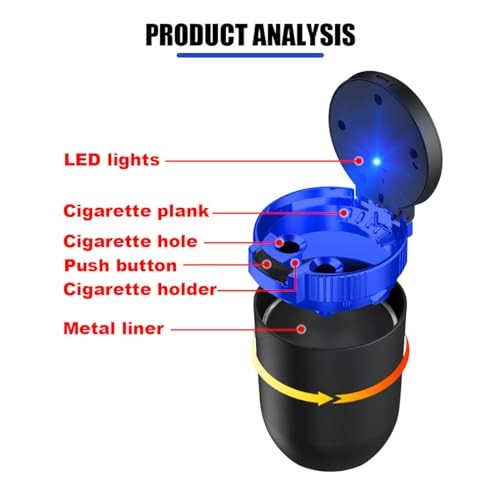 Car Ashtray with Lid Smell Proof, Detachable Stainless Smokeless Ash Tray Blue