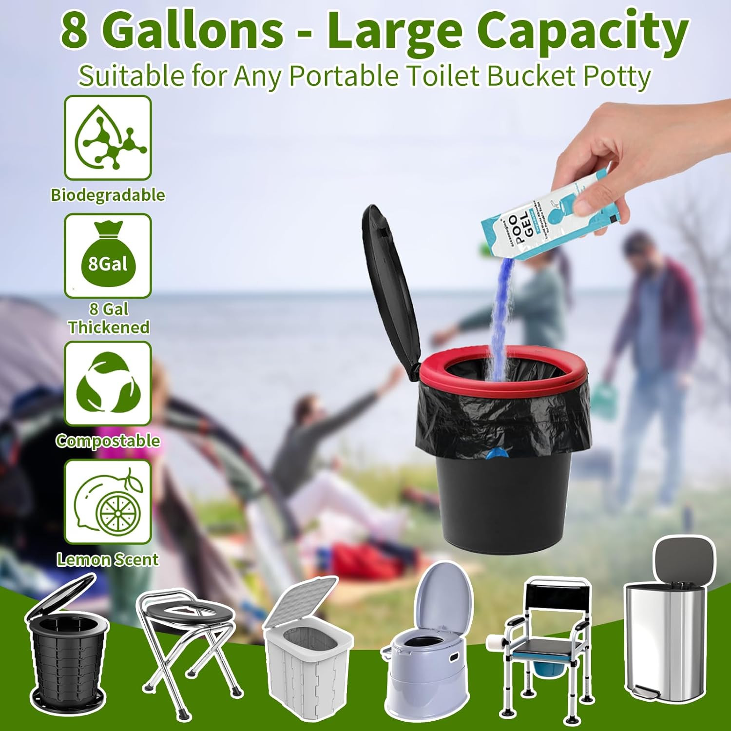 Oceanengine Portable Toilet Bags Poo Gel Set, 8 Gallon Camping Toilet Bags with