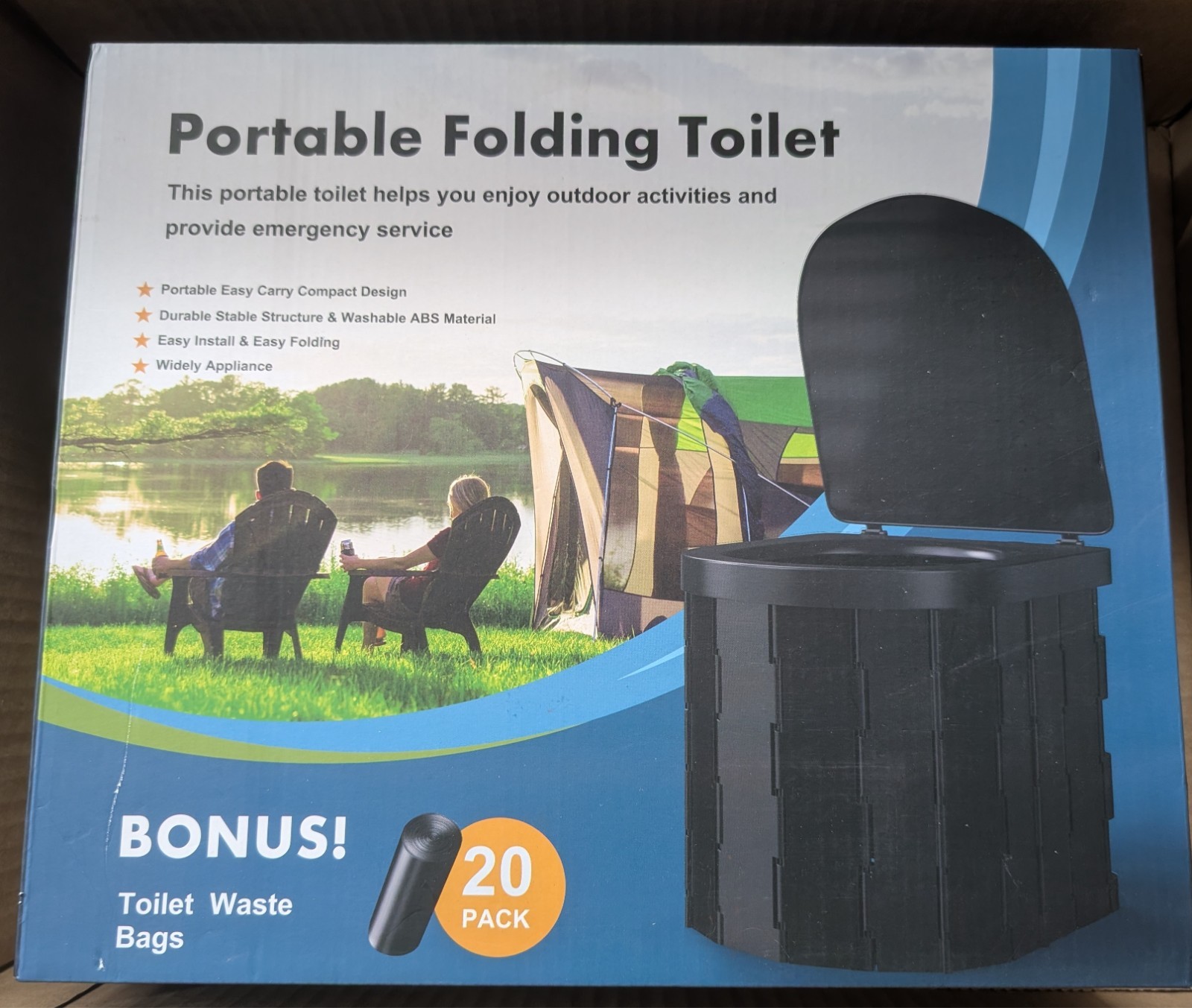 Portable Folding Travel Toilet for Camping Hiking Outdoor , 20 Bonus Bags