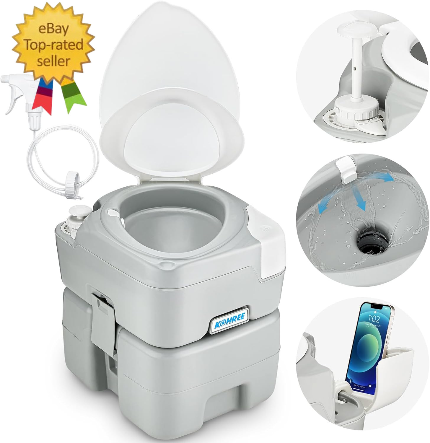Camping Toilet Portable 5.3 Gal: 20L Porta Potty for Adults with Diagonal Elonga