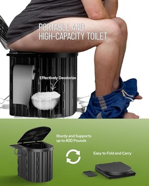 Camping Toilet with Pop-Up Privacy Tent and Liquid Black Toilet and Green Tent
