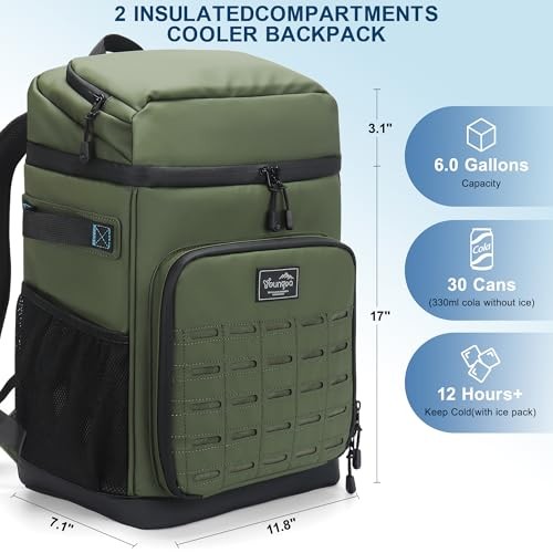 Cooler Backpack Insulated Waterproof for Men and Women, 2 Insulated Large Green