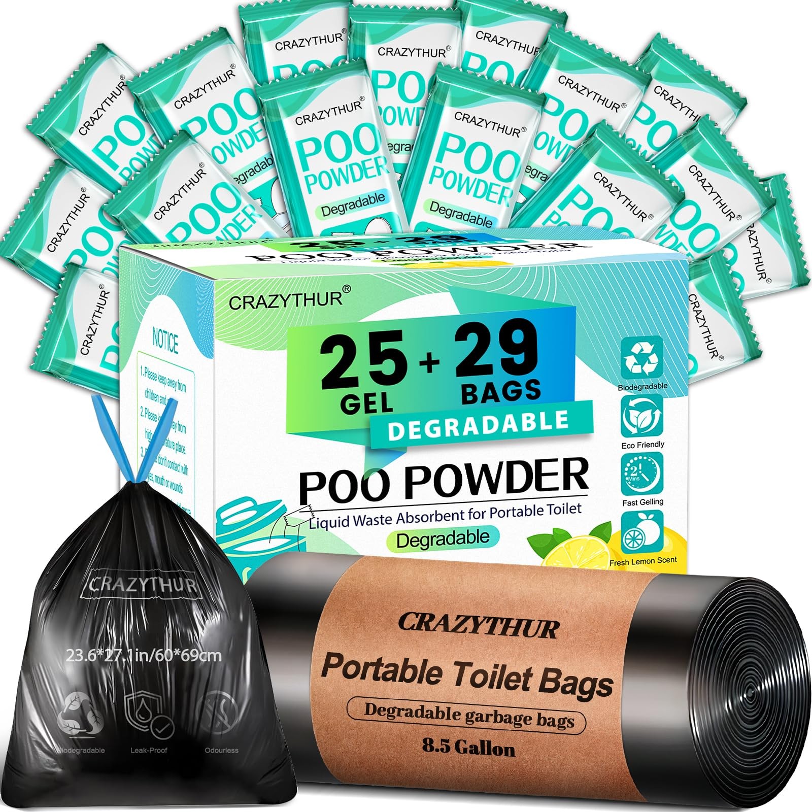 29PCS Portable Toilet Bags with 25PCS for Poo Powder Set, 8.5 Gallon Camping …